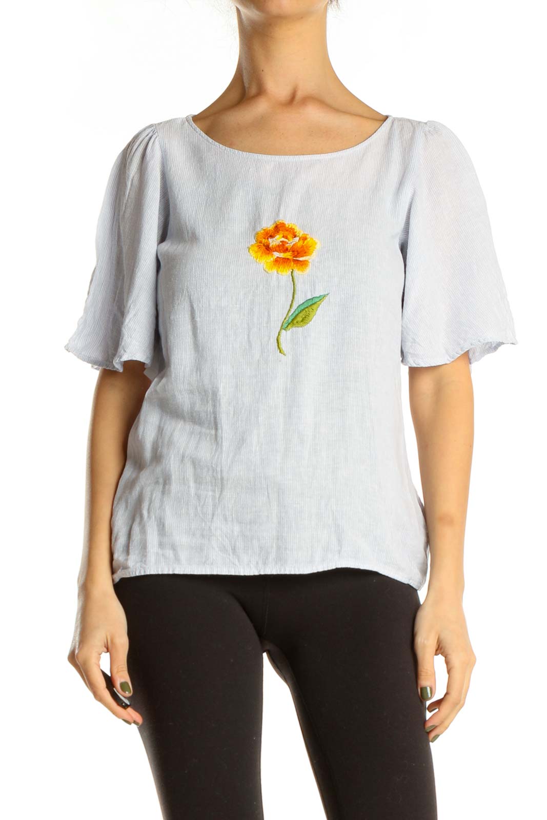 Reworked: Gray Hand Embroidered Shirt with Orange Flower Front