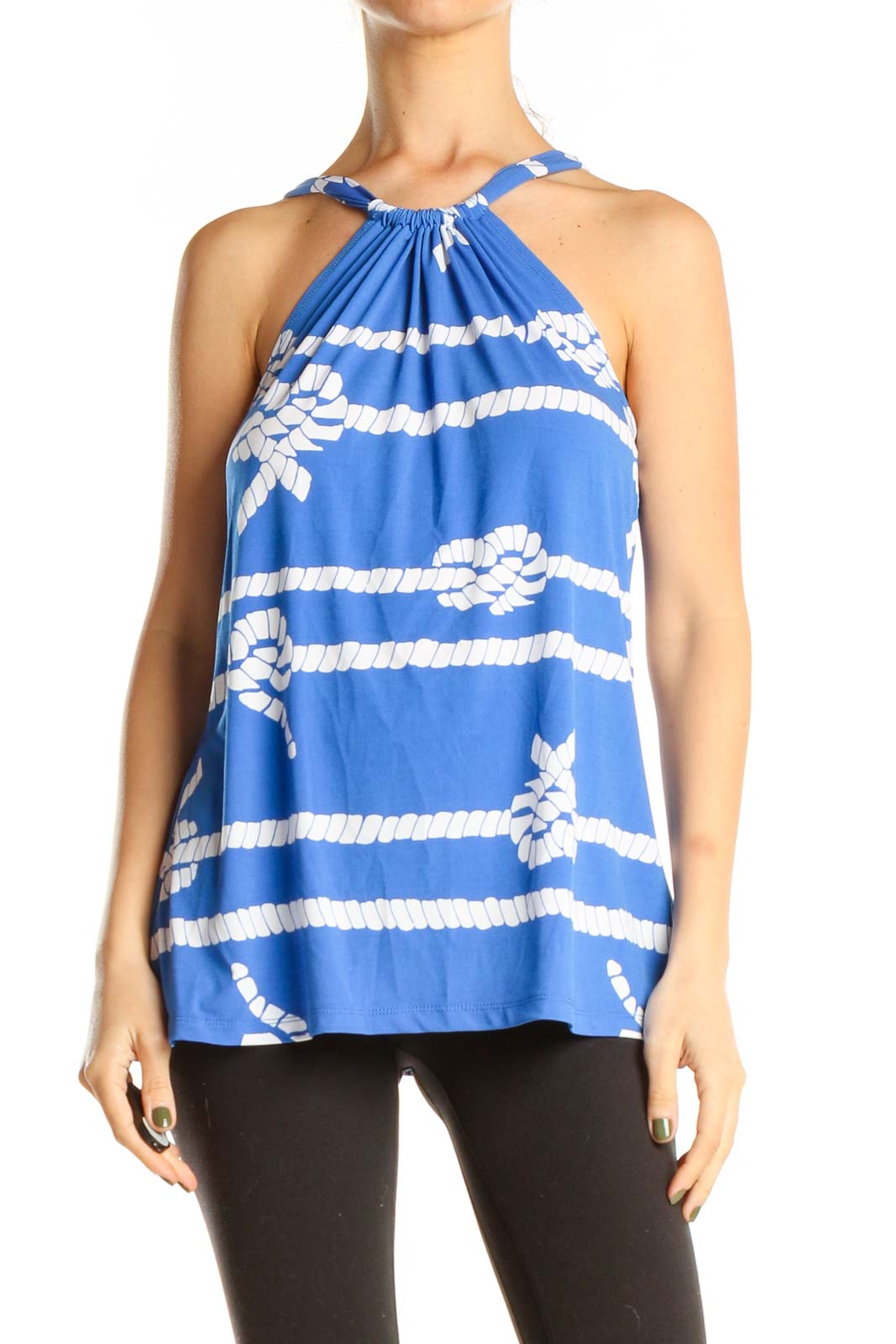 Blue Graphic Print Holiday Halter Top Front