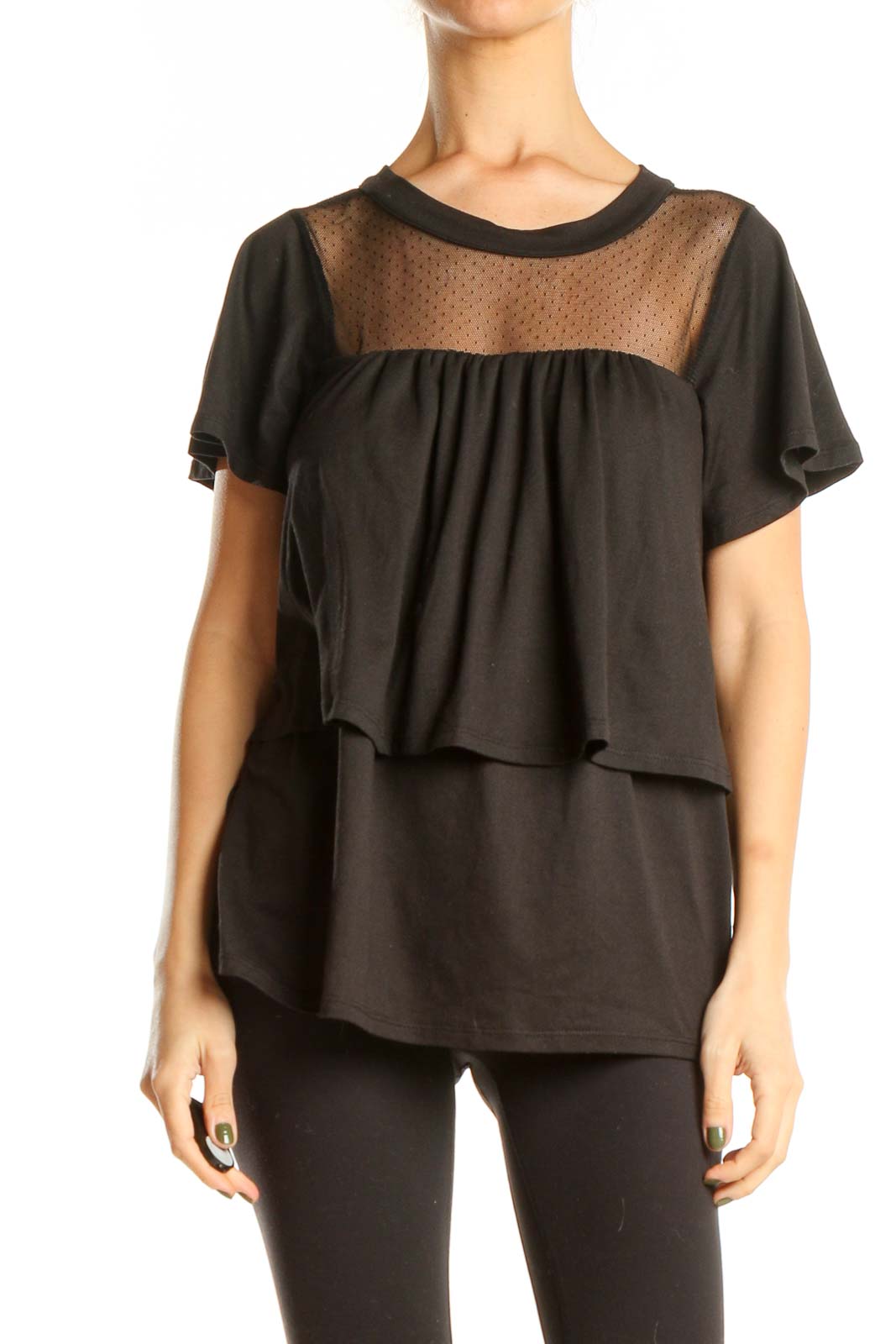 Black Ruffle Chic Top with Polka Dot Mesh Panel Front