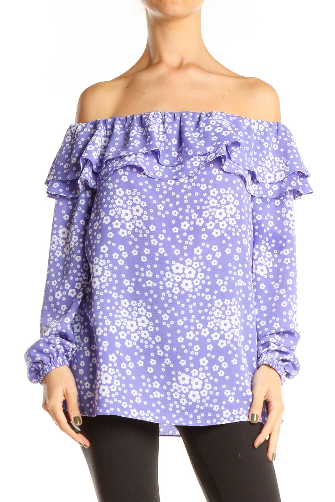 Purple Floral Print Off The Shoulder Chic Top Front