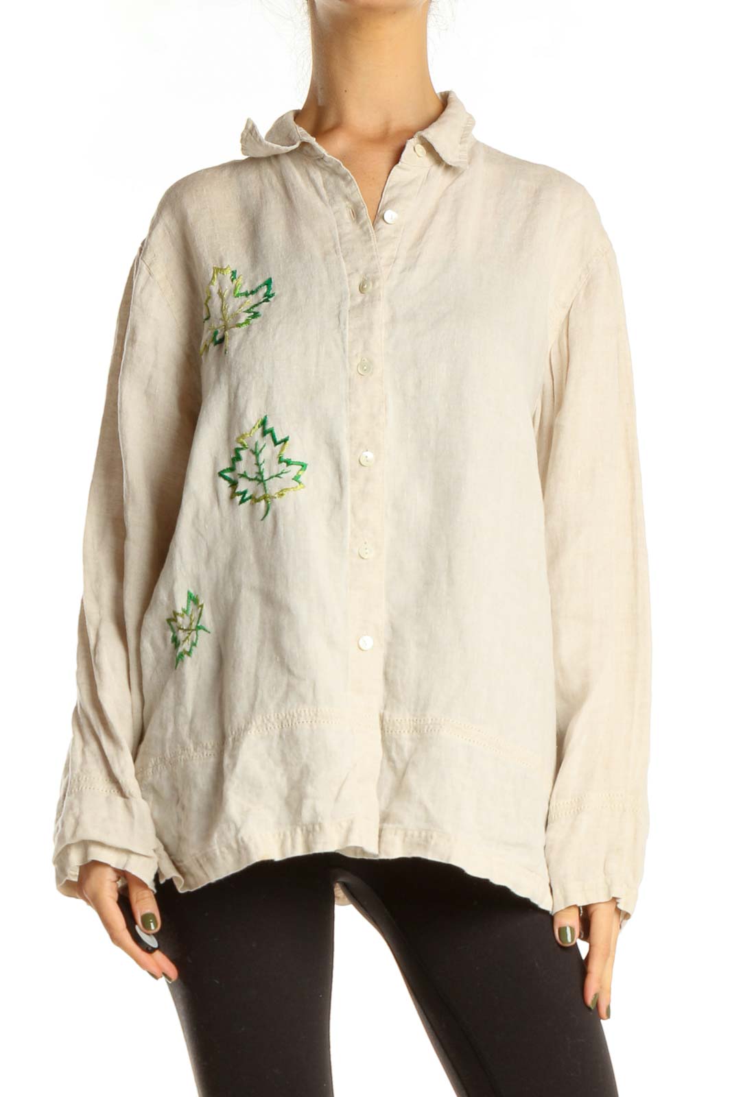 Reworked: Beige Hand Embroidered Linen Shirt with Leaves Detail Front