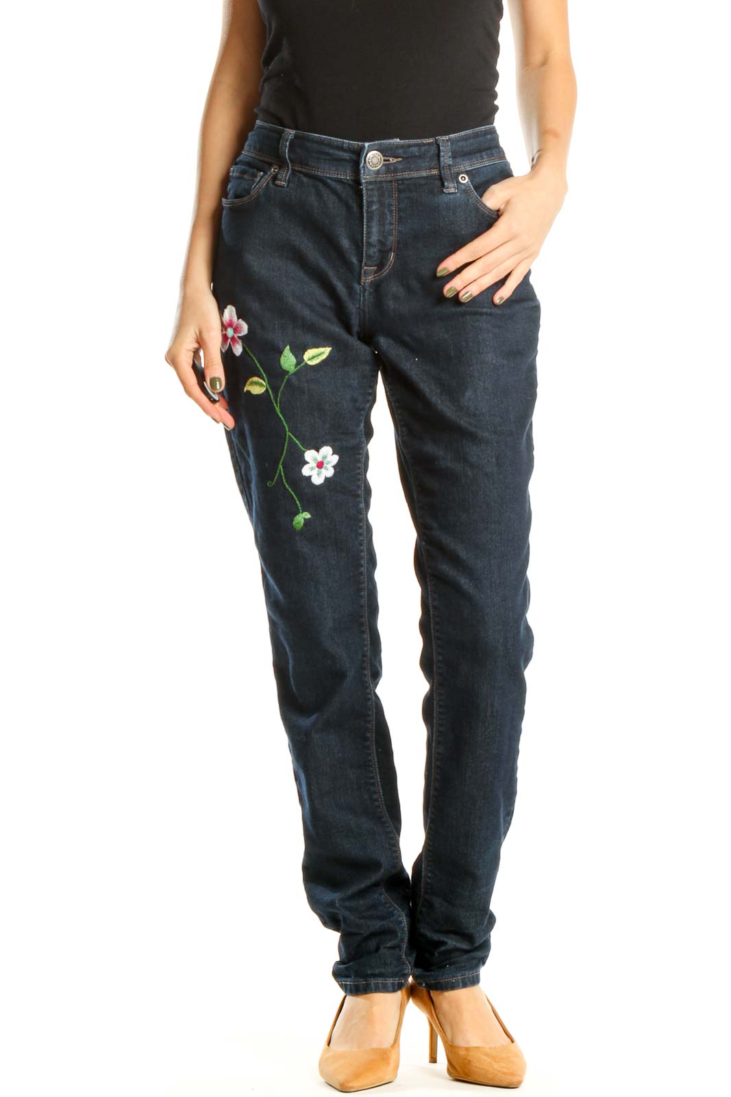 Reworked: Hand Embroidered Denim with Two Flowers Front
