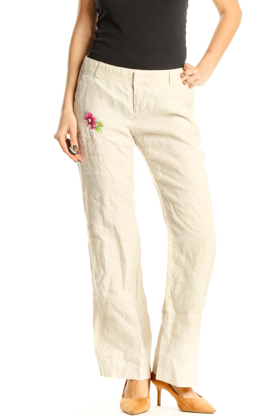 Reworked: Hand Embroidered Linen Pants with Pink Flower Front