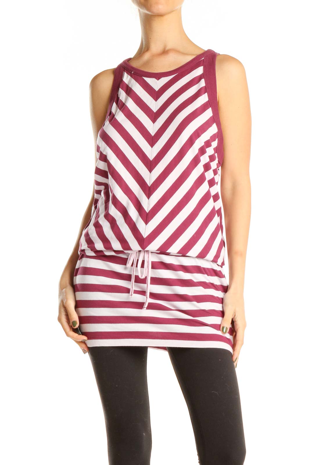Pink White Striped Casual Top Front