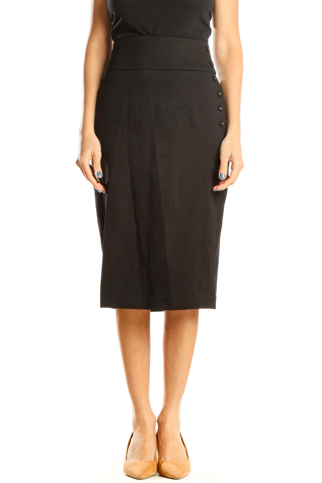 Black Classic Pencil Skirt with Button Detail Front