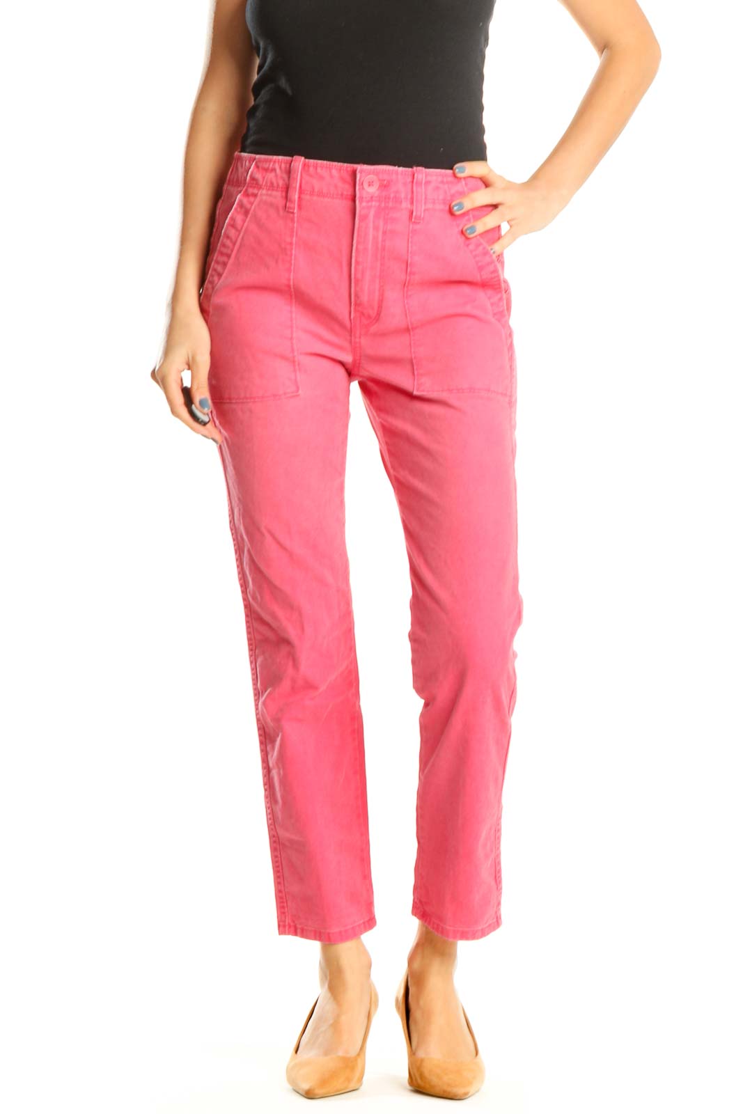 Pink Textured Casual Trousers Front