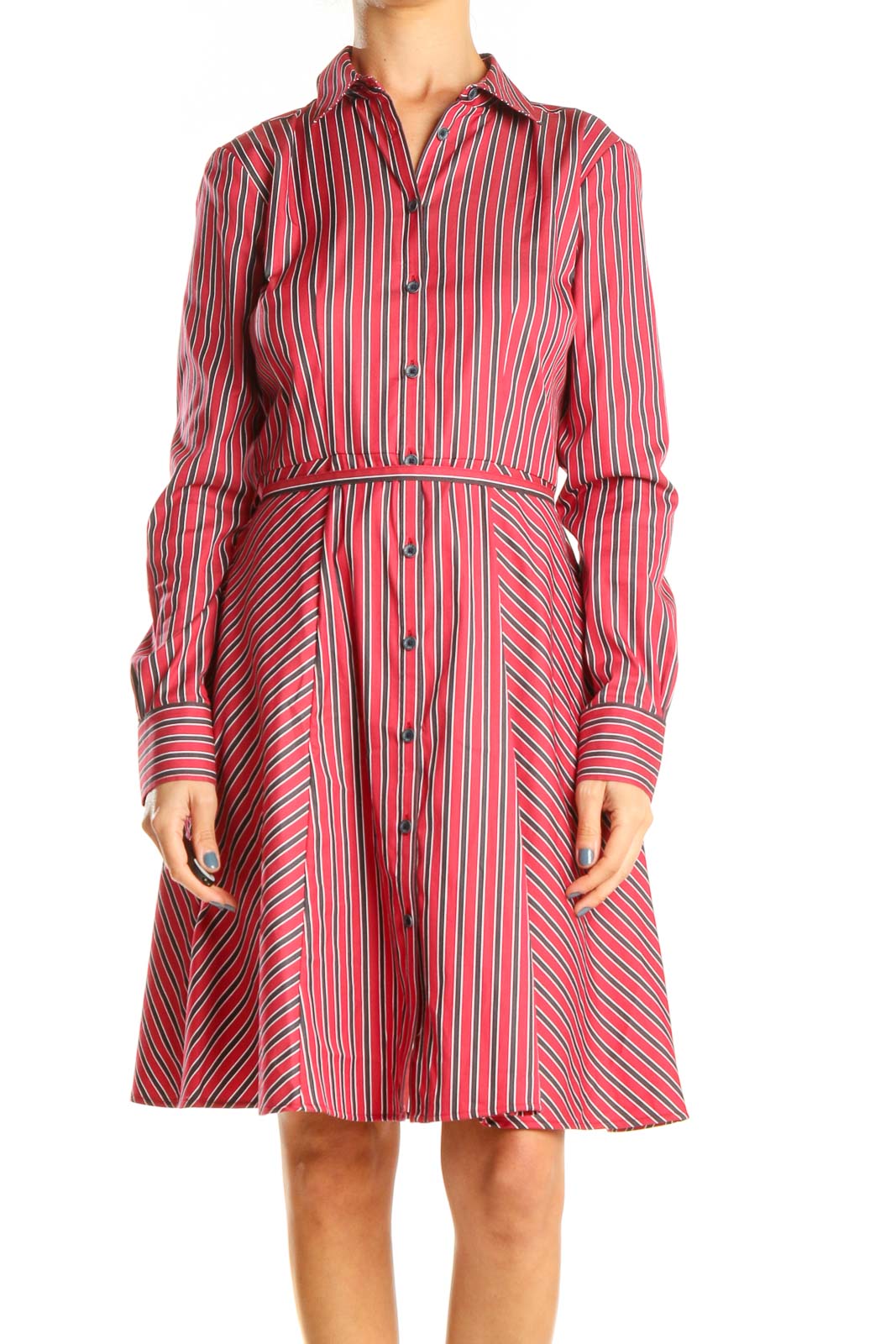 Red Striped Work Fit & Flare Dress Front