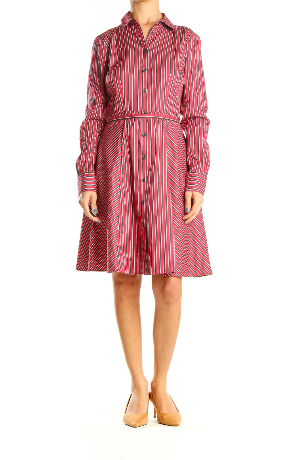 Brooks Brothers - Red Striped Work Fit & Flare Dress Cotton | SilkRoll