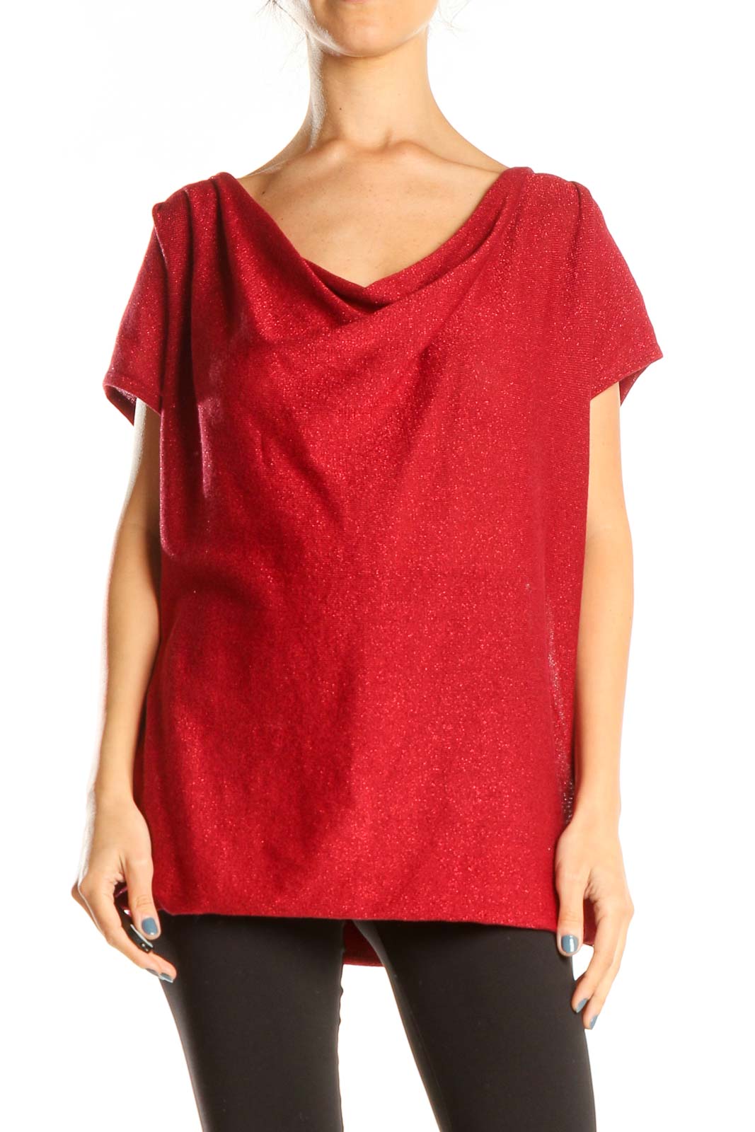 Red Shimmer Cowl Neck Chic Blouse Front