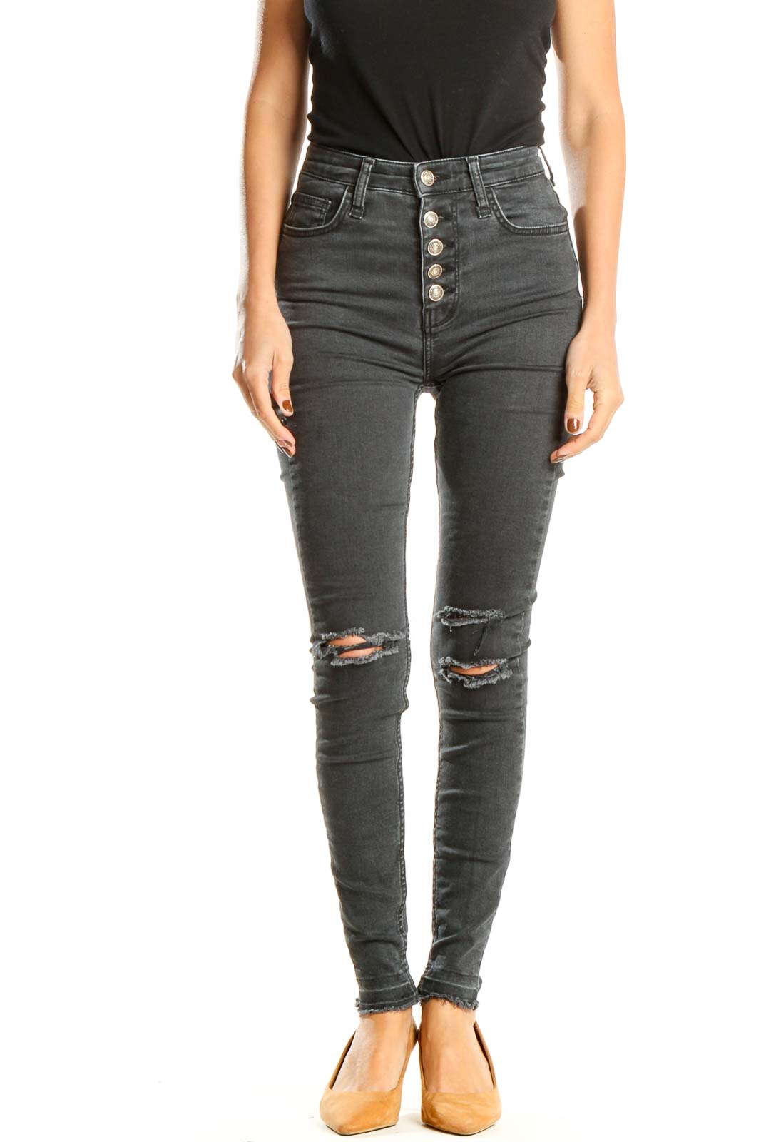 Gray Black High Waisted Distressed Skinny Jeans Front