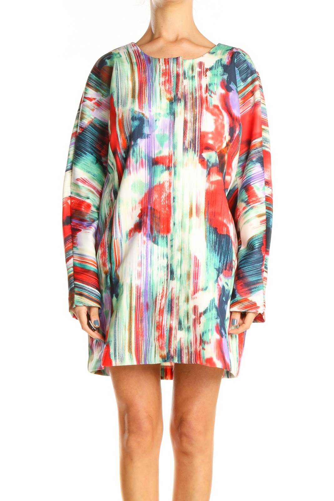 Multicolor Long Sleeve Printed Shift Dress Front