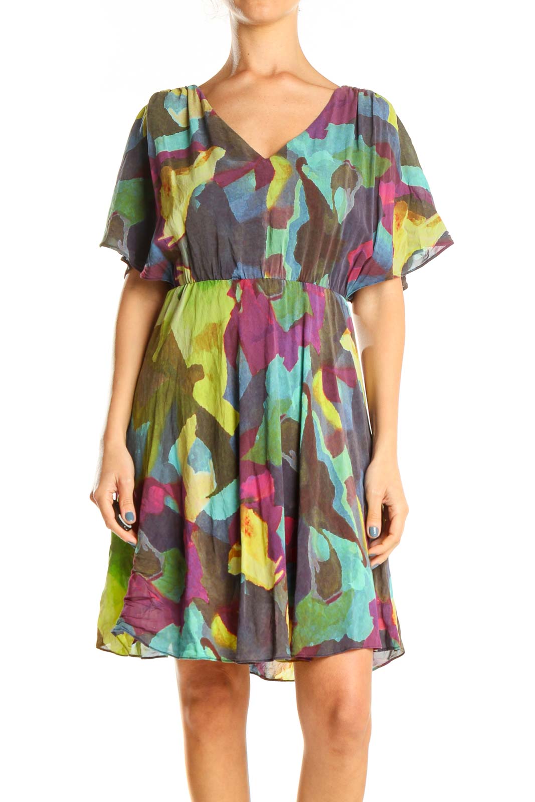 Green Printed Chic Fit & Flare Dress Front