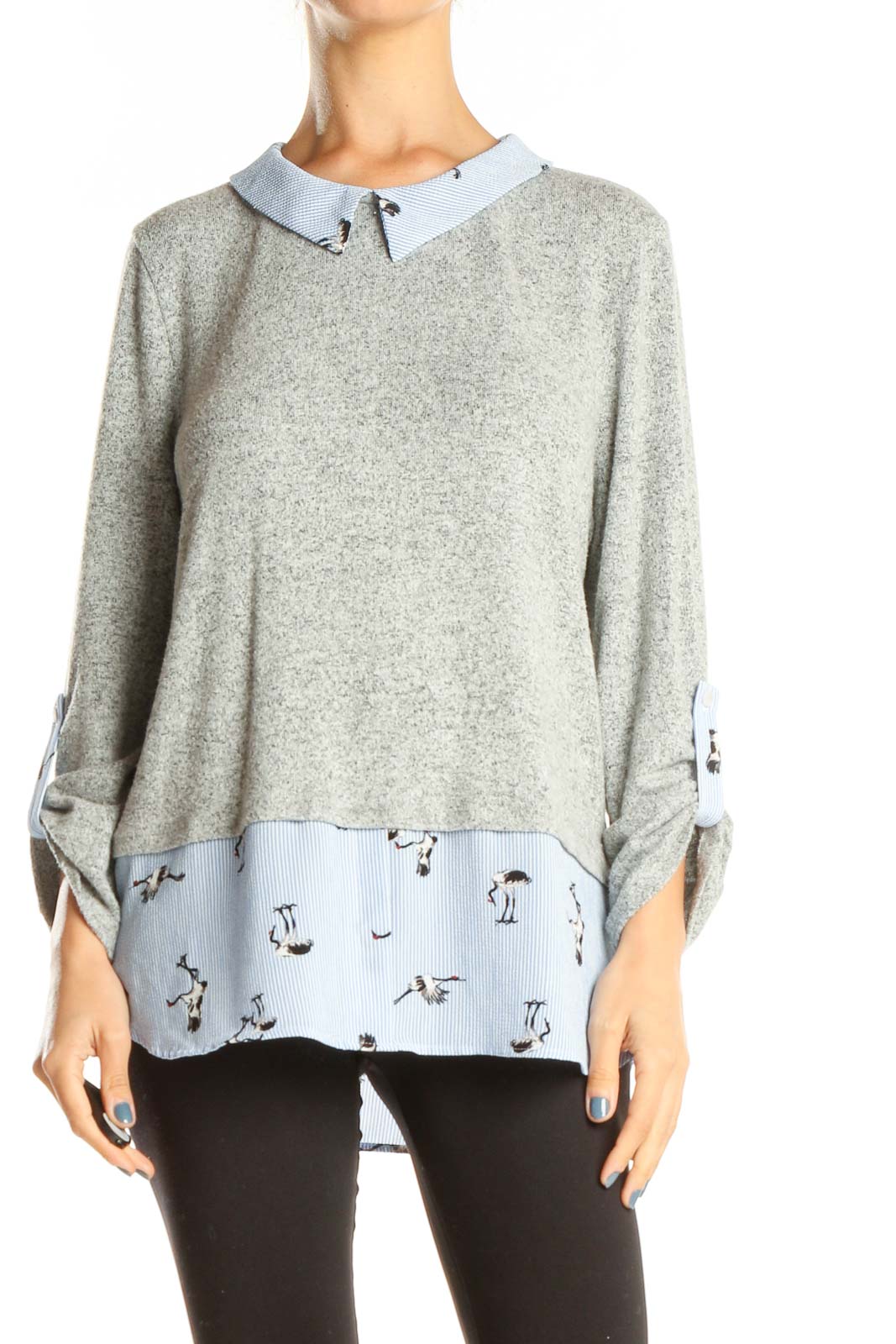 Gray Blue Layered Printed All Day Wear Top Front