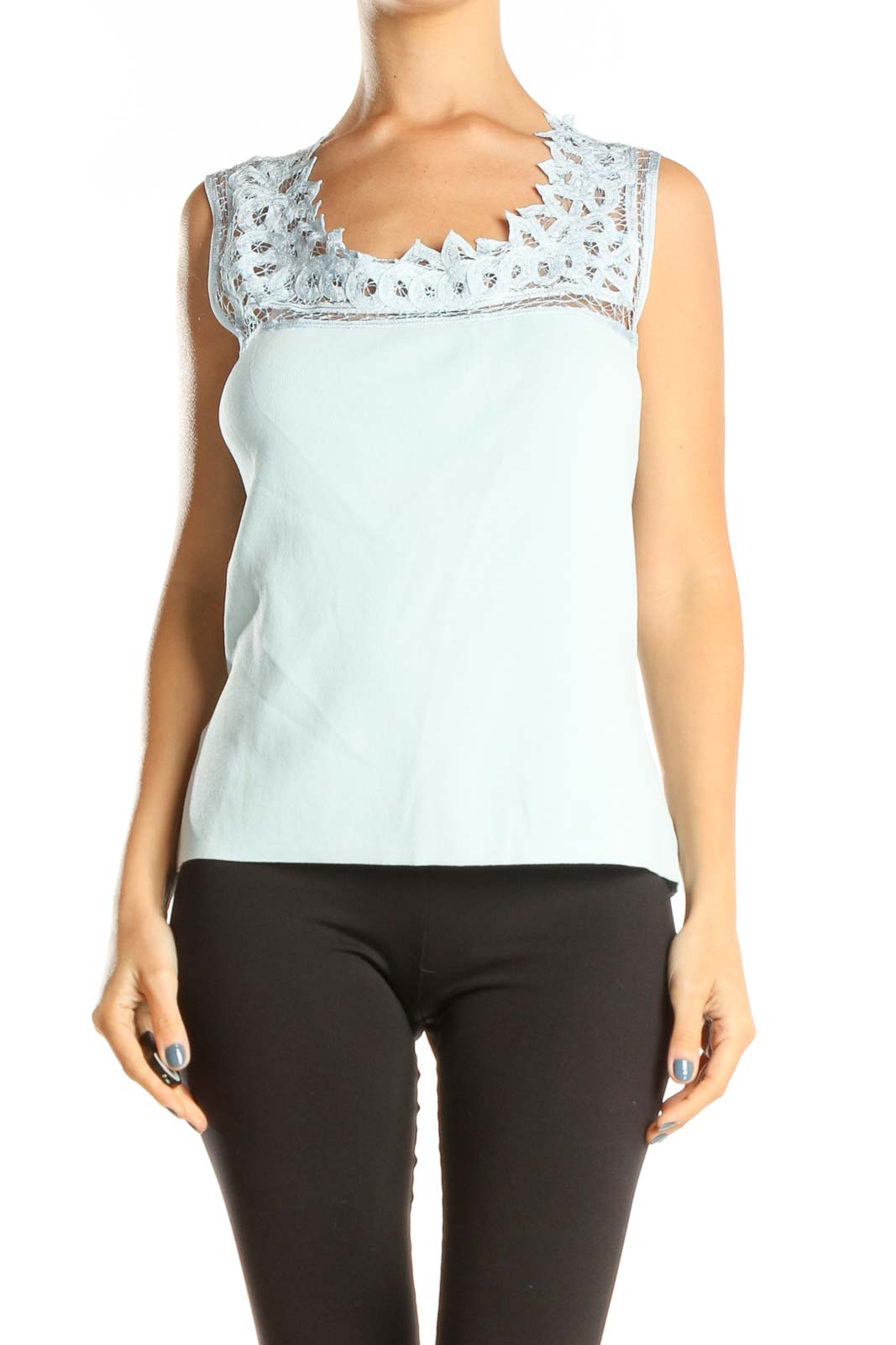 Blue Lace Knit Casual Top Front