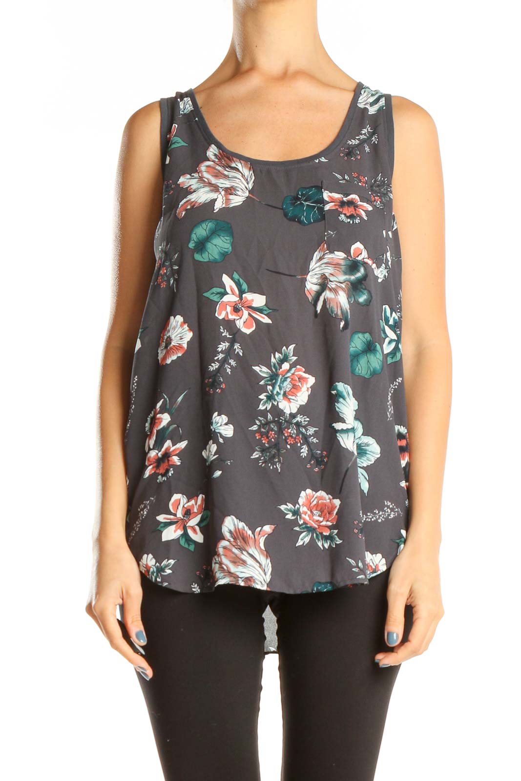 Gray Floral Print Casual Tank Top Front