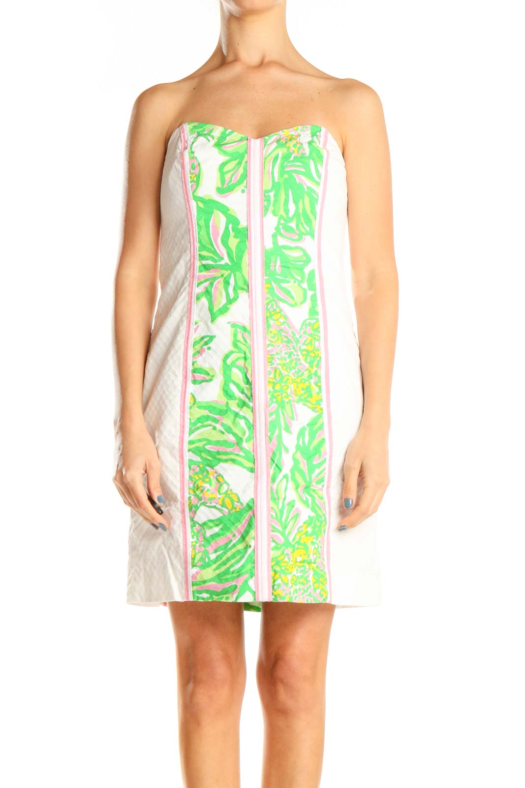 Green White Pink Printed Strapless Holiday Shift Dress Front
