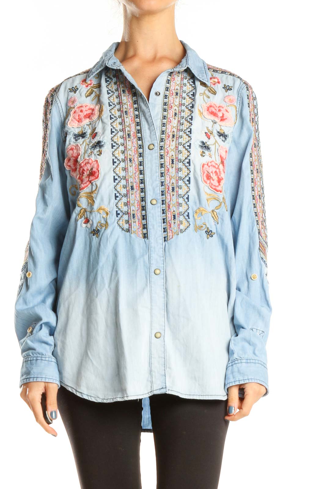 Blue Embroidered Denim Bohemian Top Front