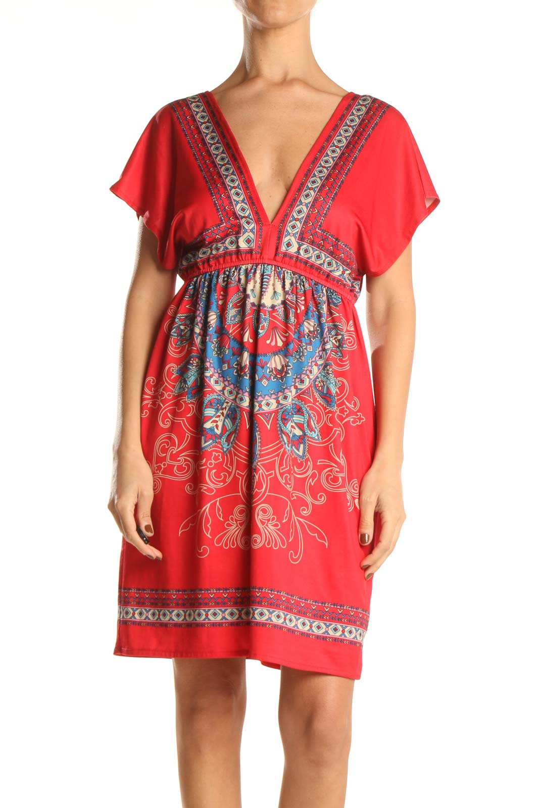 Red Printed V-Neck Bohemian Fit & Flare Dress Front