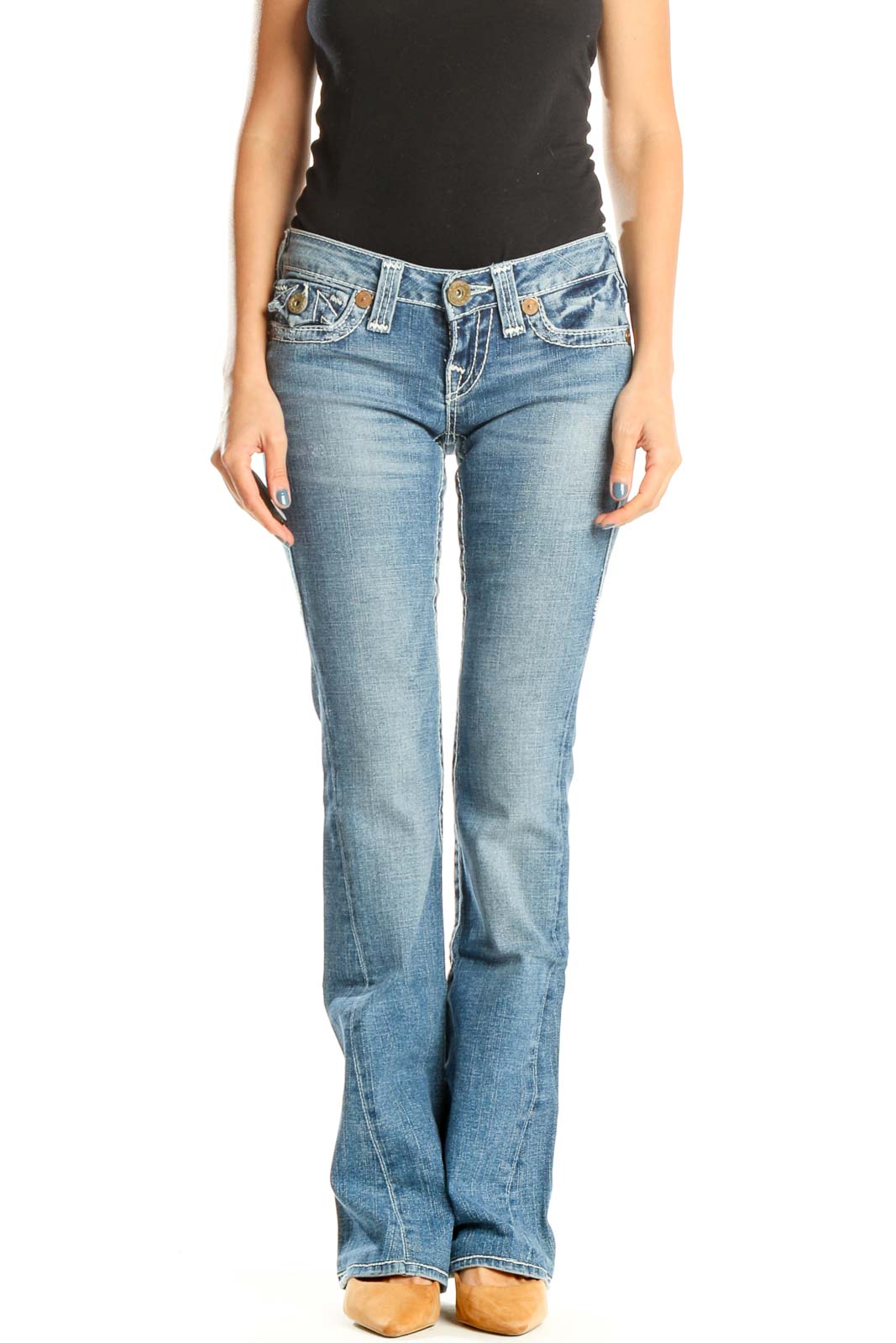 Blue Low Rise Bootcut Jeans Front