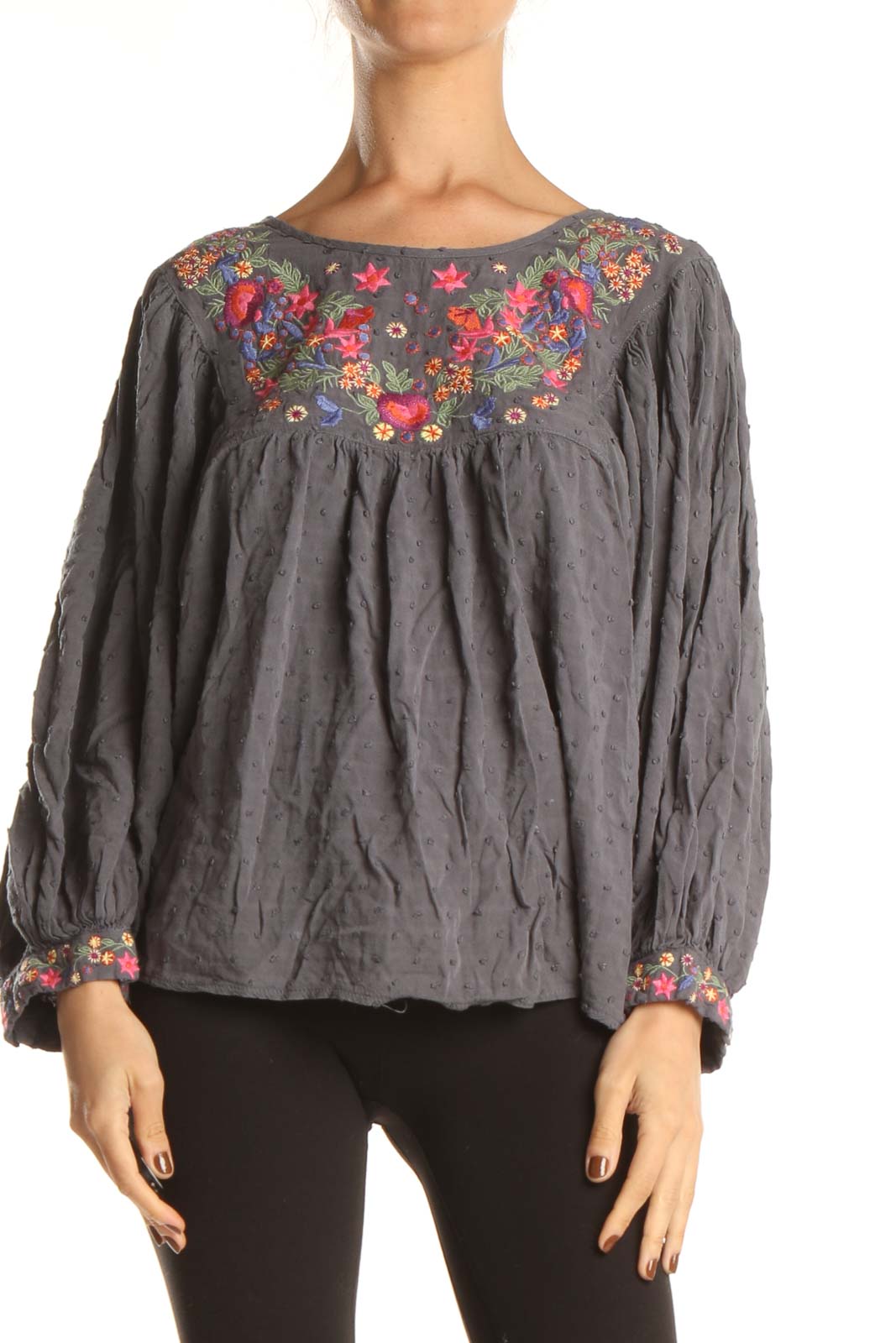 Gray Textured Floral Embroidered Bohemian Blouse Front