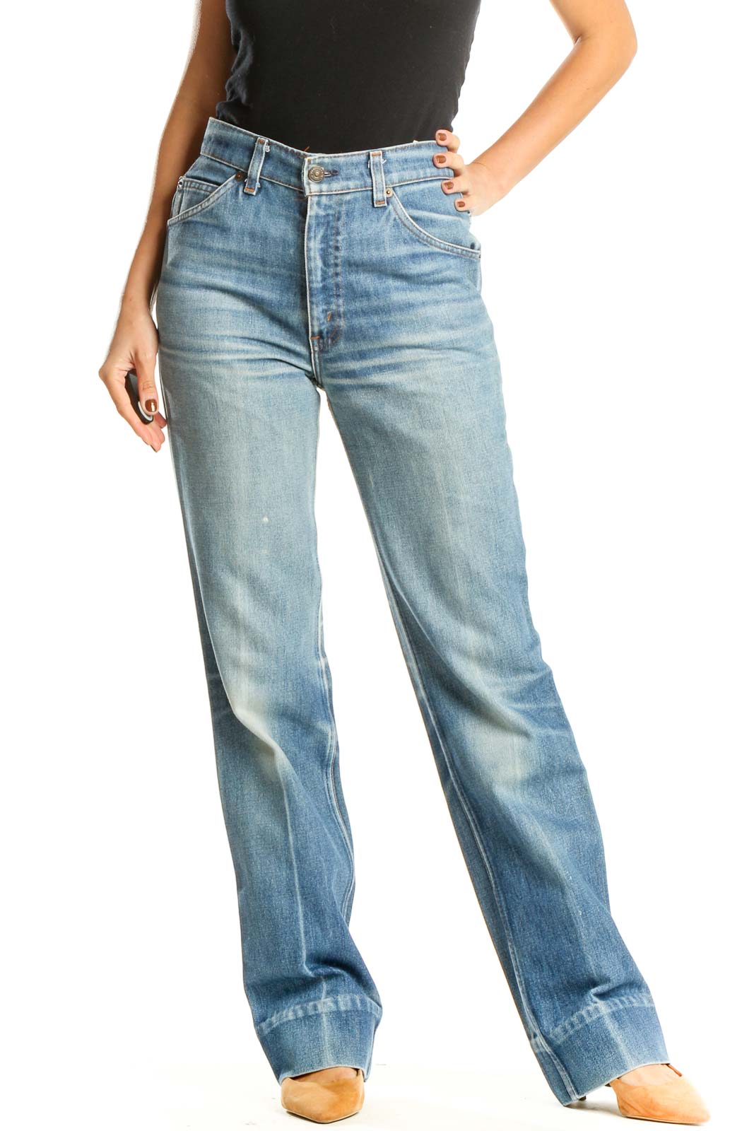 Blue High Waisted Straight Leg Jeans Front