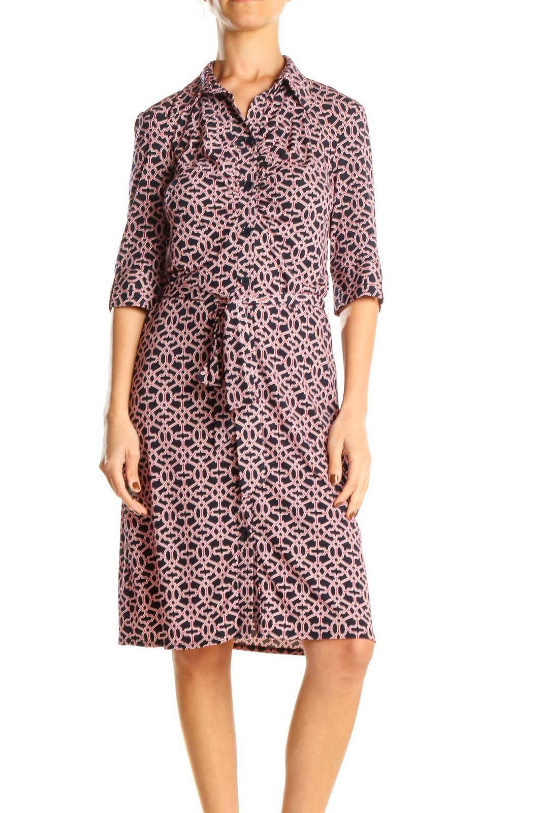 Pink Printed Work Fit & Flare Dress Front