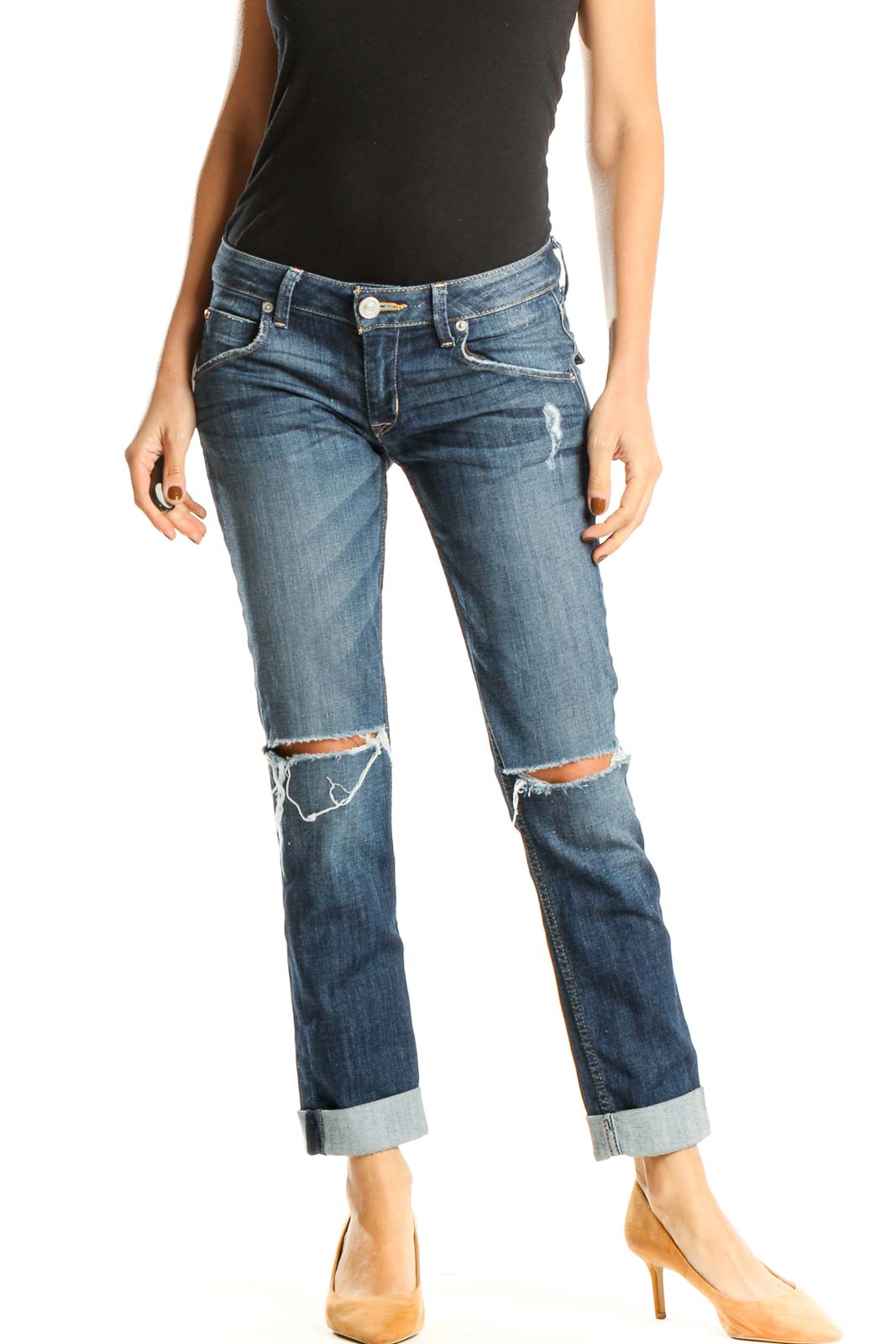 Blue Distressed Cropped Cuffed Jeans Front