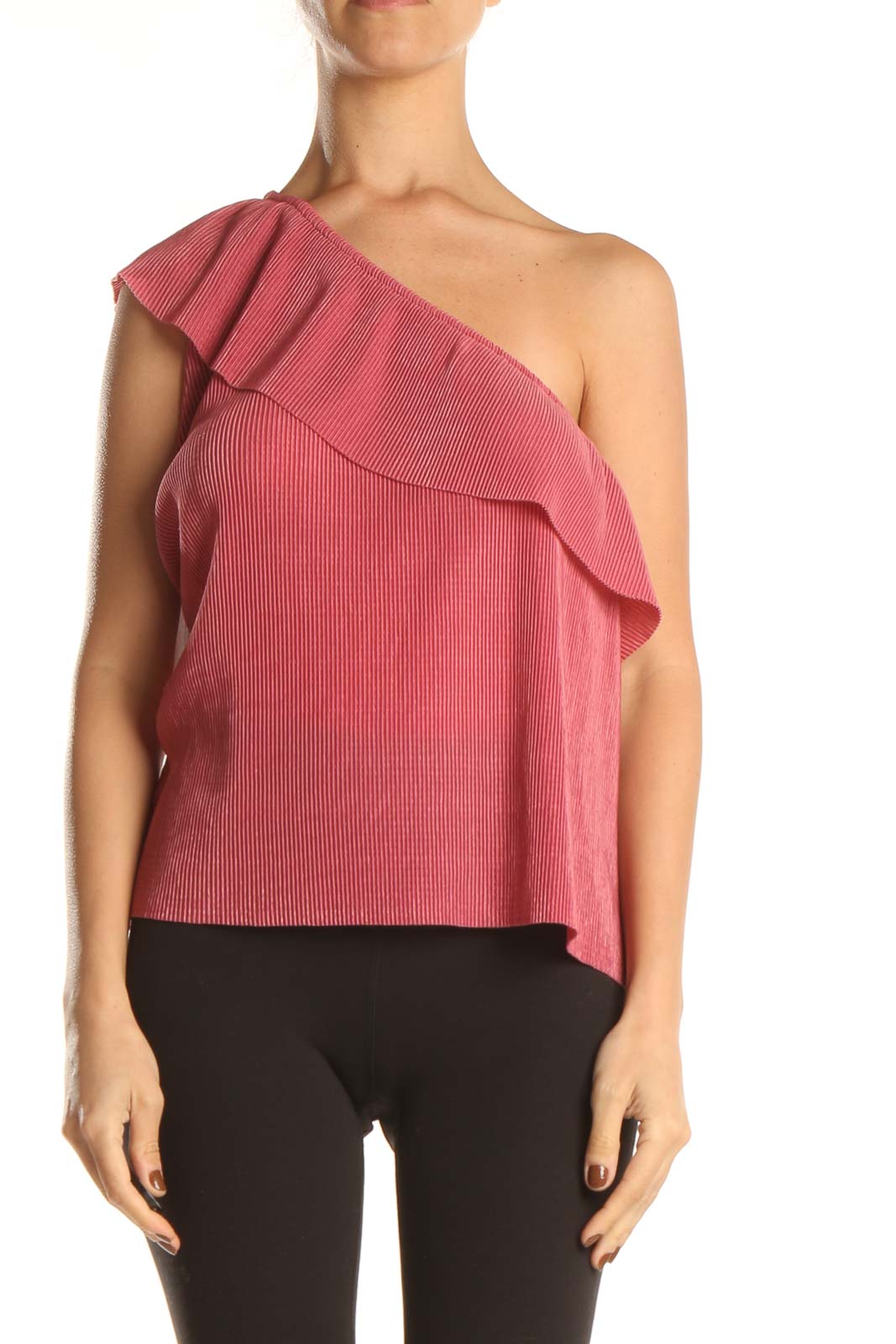 Pink Ribbed One Shoulder Chic Top Front