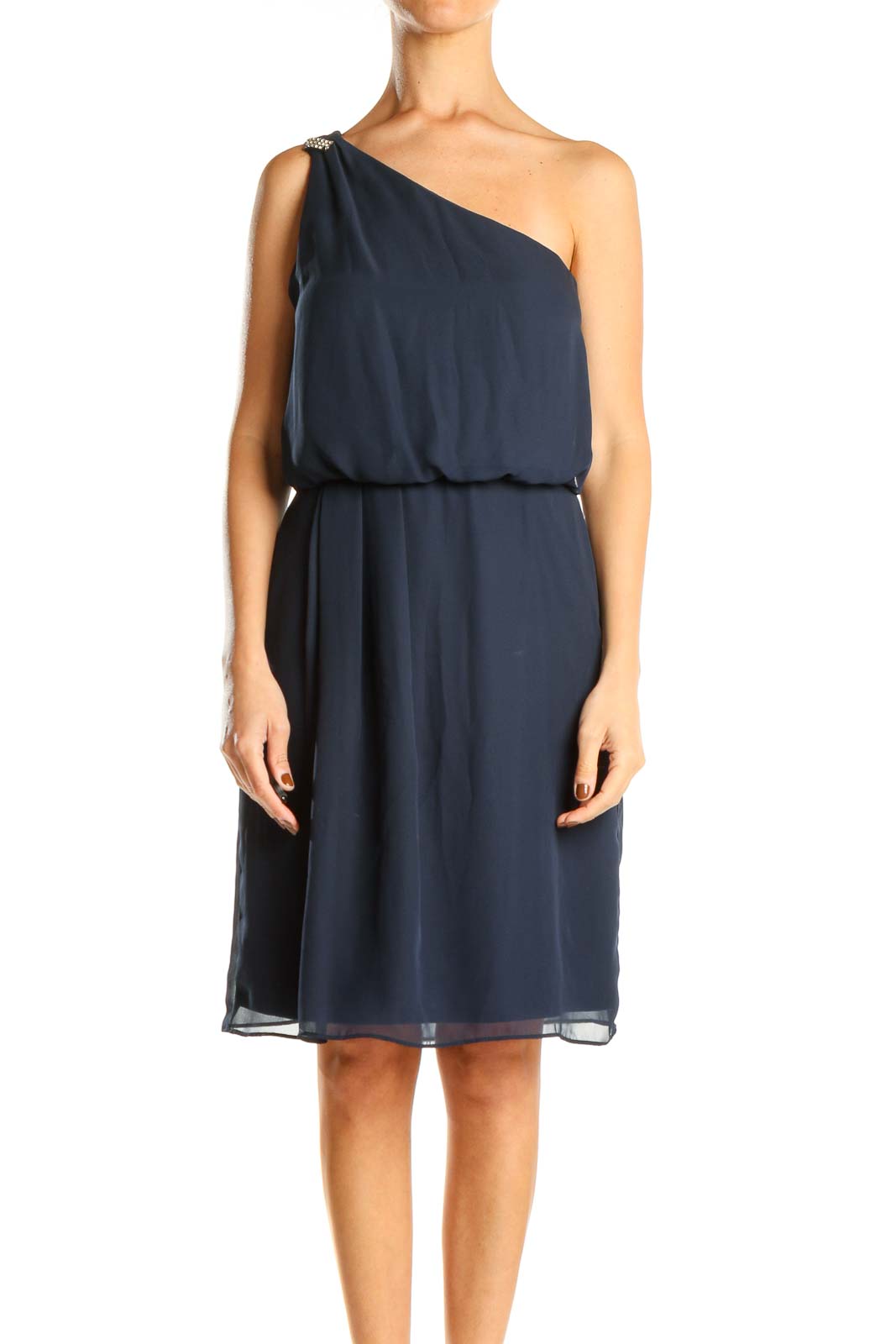 Blue Classic One Shoulder Fit & Flare Dress Front