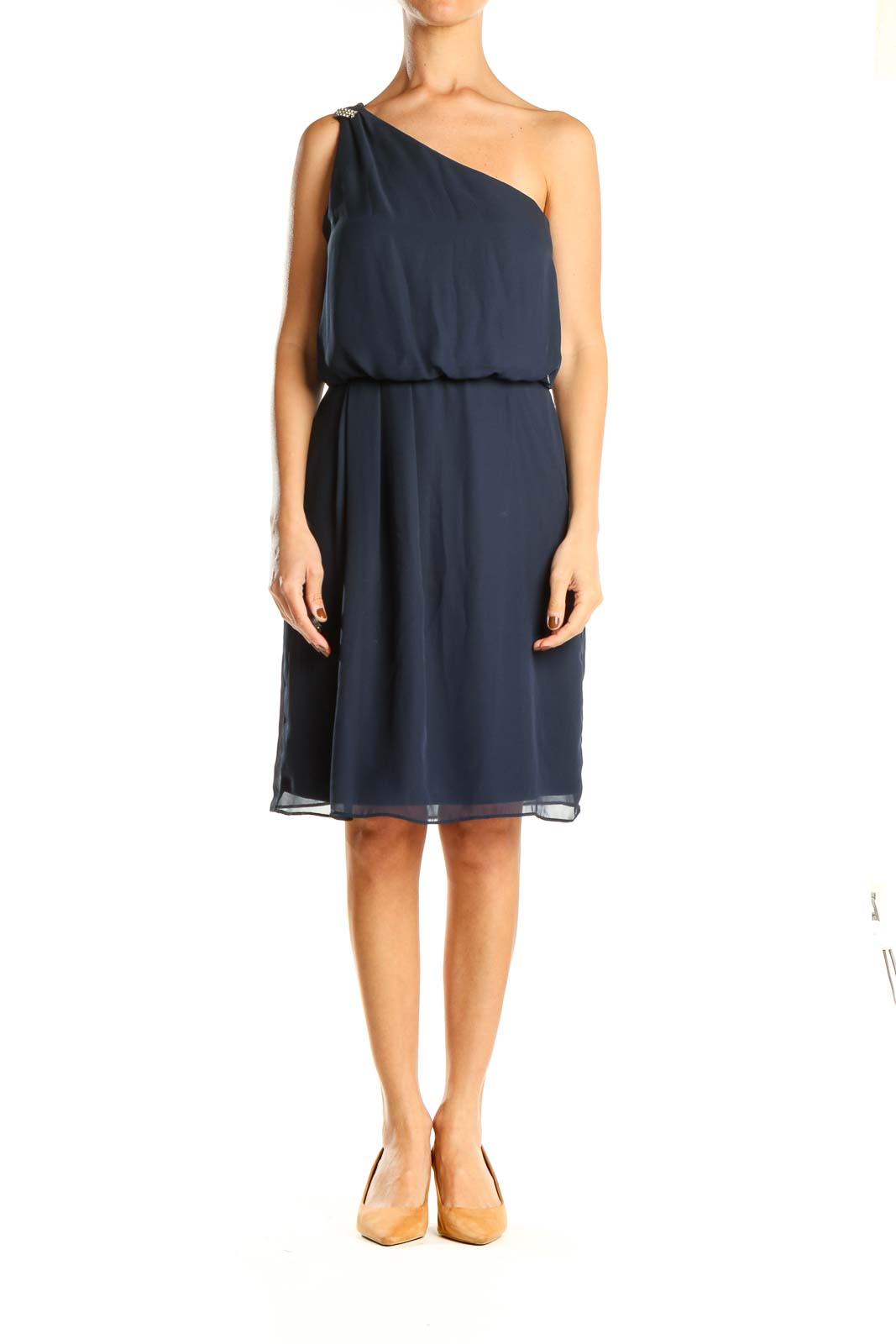 Adrianna Papell Blue Classic One Shoulder Fit Flare Dress