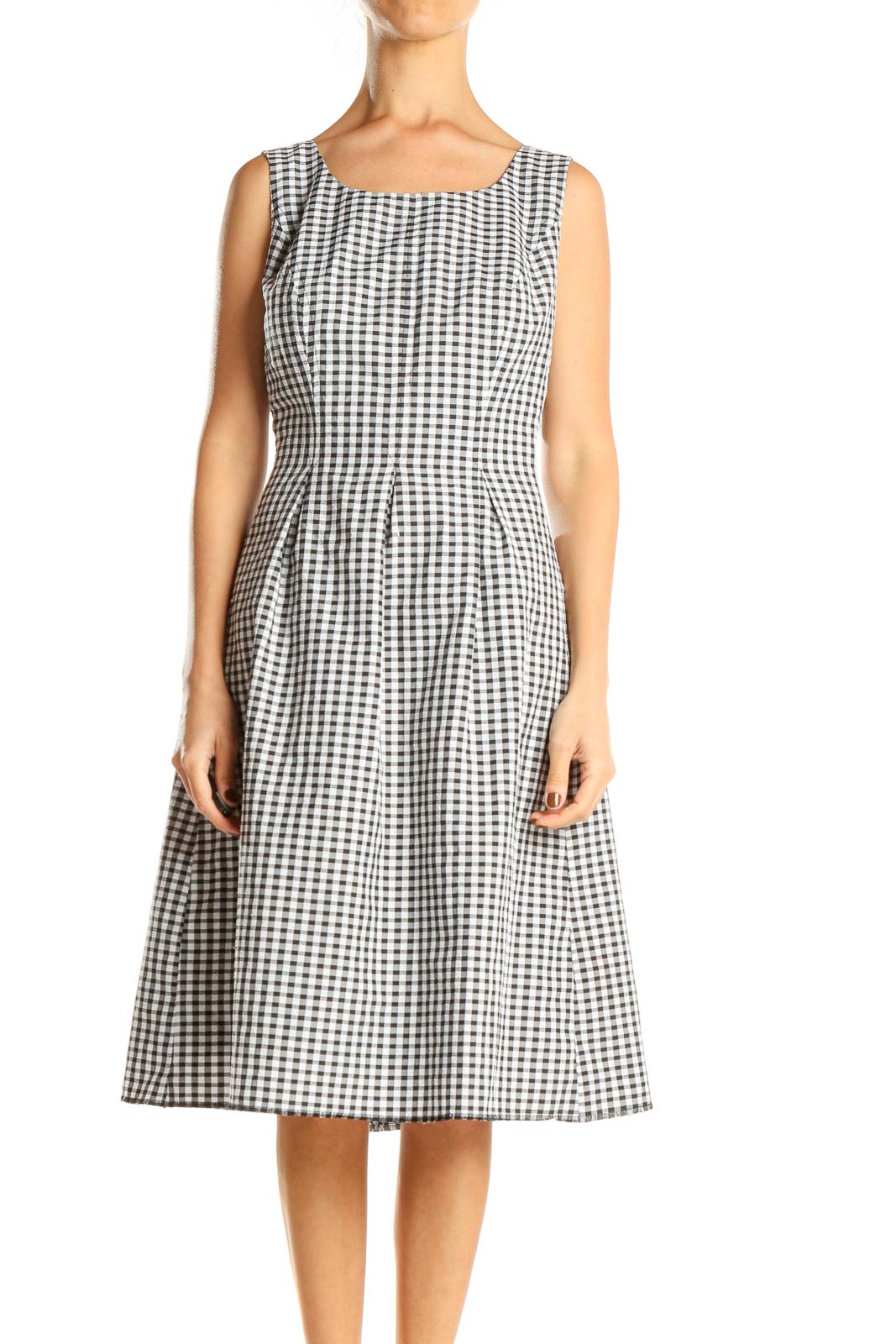 Black White Gingham Work Fit & Flare Dress Front