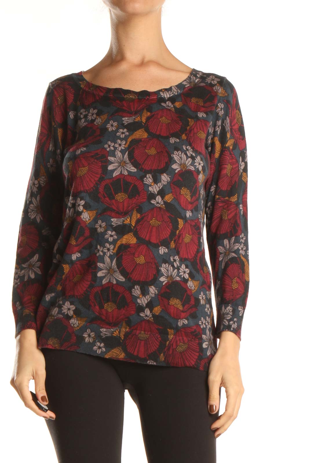 Multicolor Floral Print Retro Long Sleeve Top Front