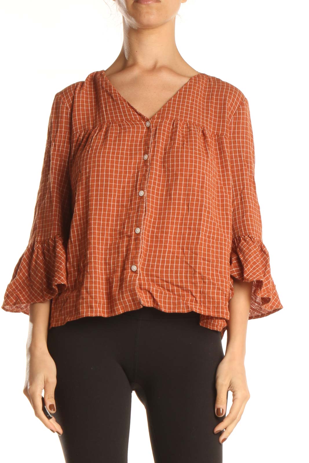 Orange Checkered Classic Blouse Front