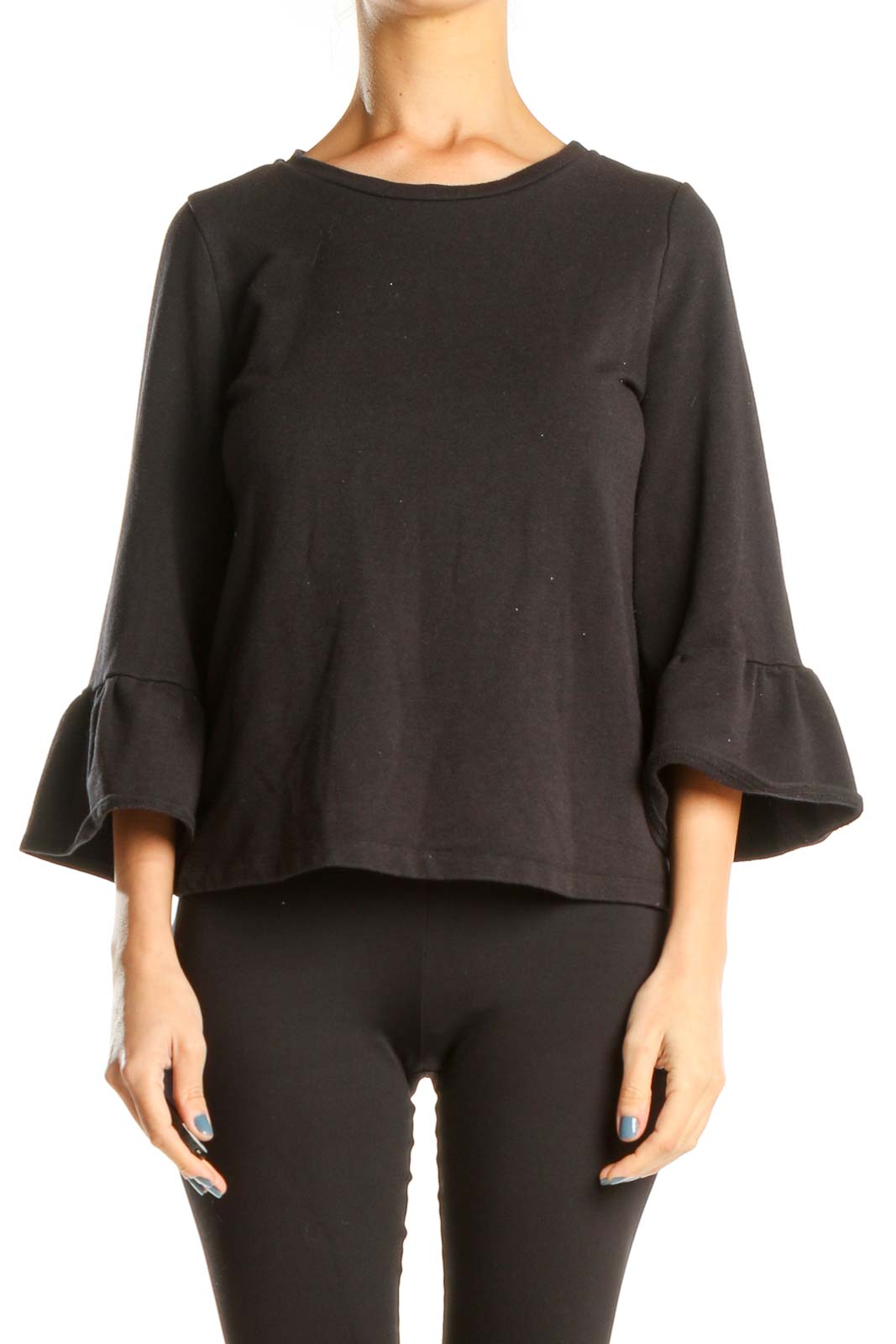 Black Classic Blouse with Ruffled Sleeves Front