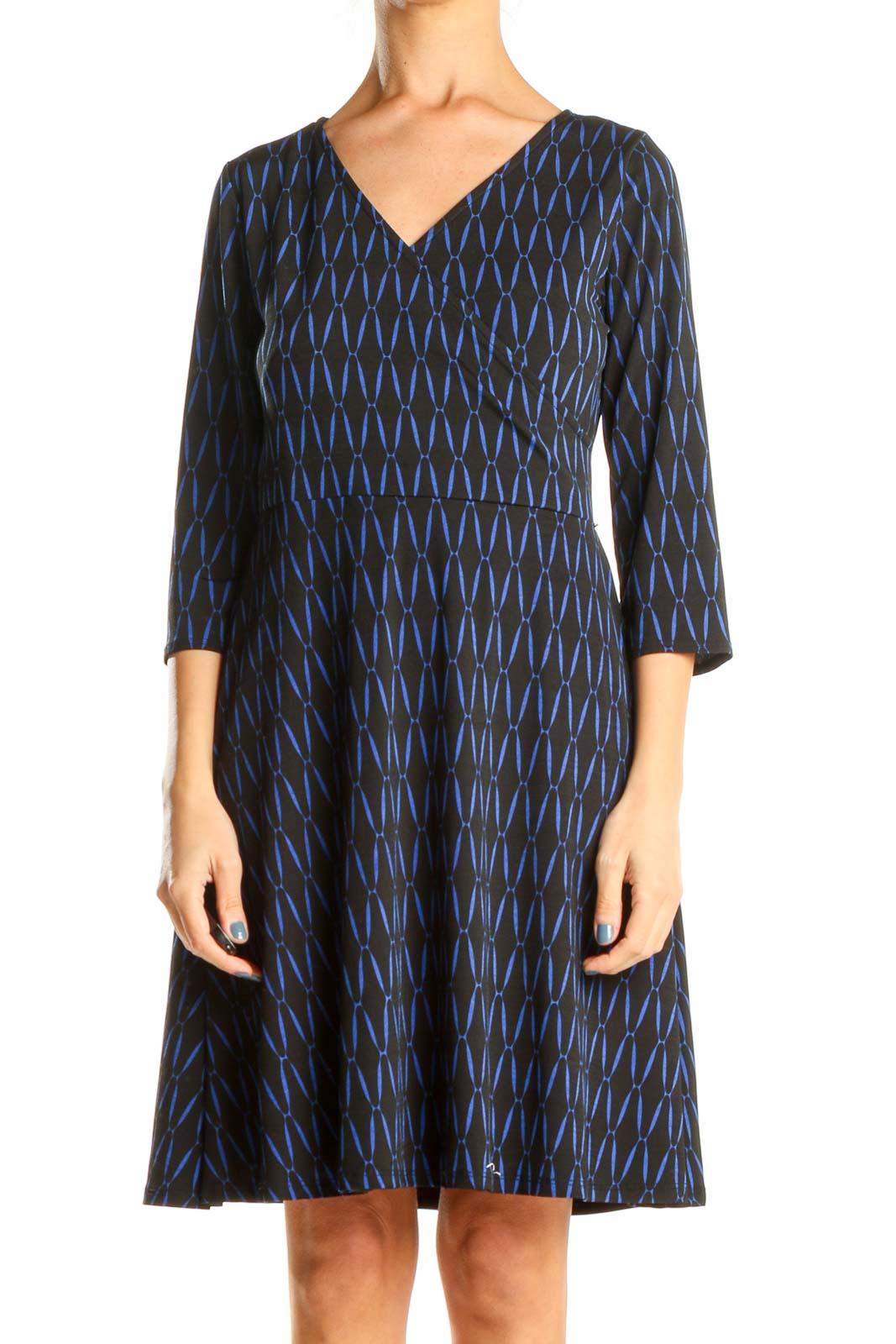 Black Blue Printed Chic Fit & Flare Dress Front