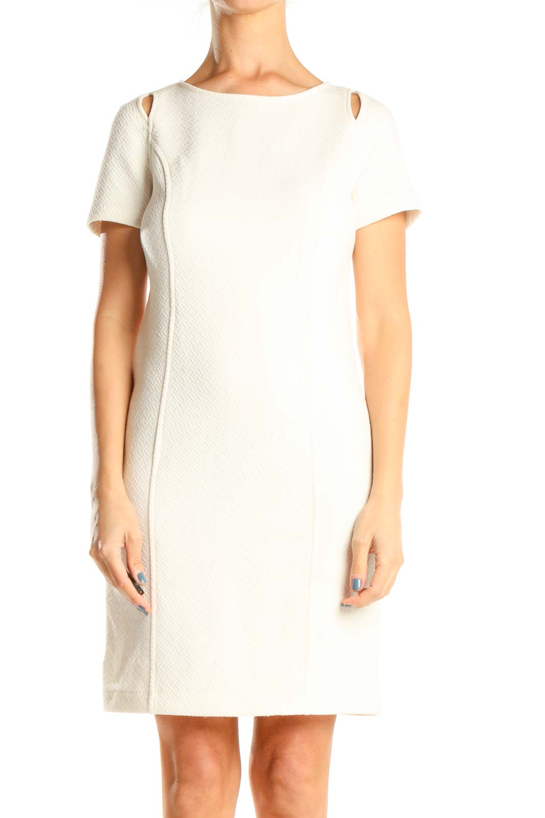 White Textured Classic Shift Dress Front