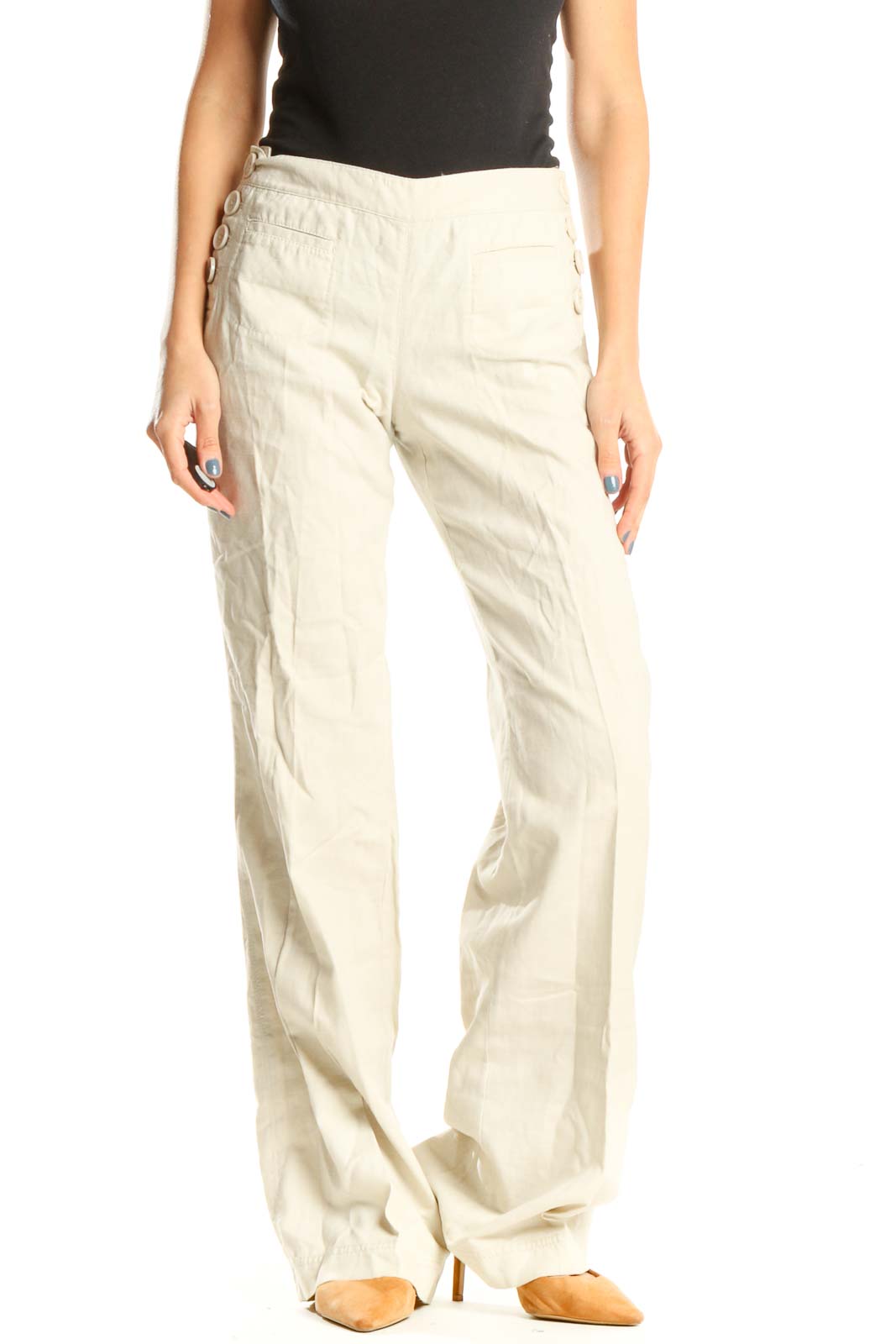 Beige Casual Wide Leg Trousers Front