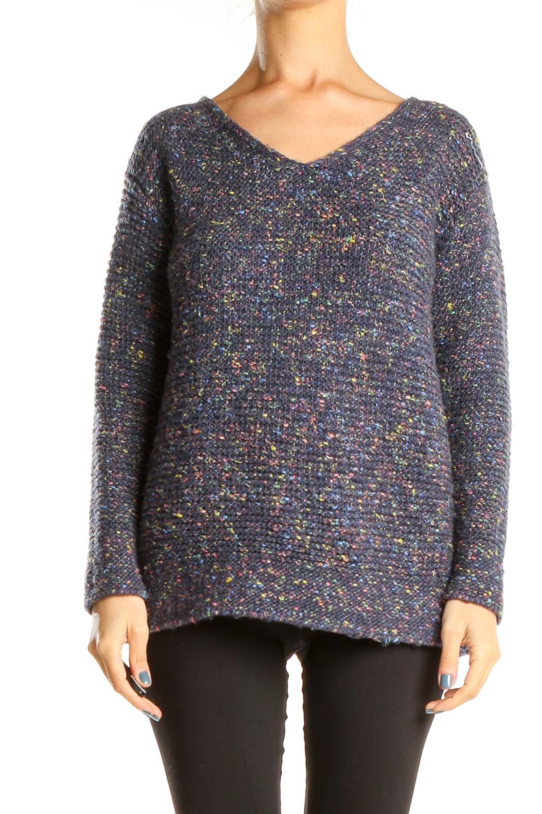 Blue Classic Sweater with Multicolor Stitching Front