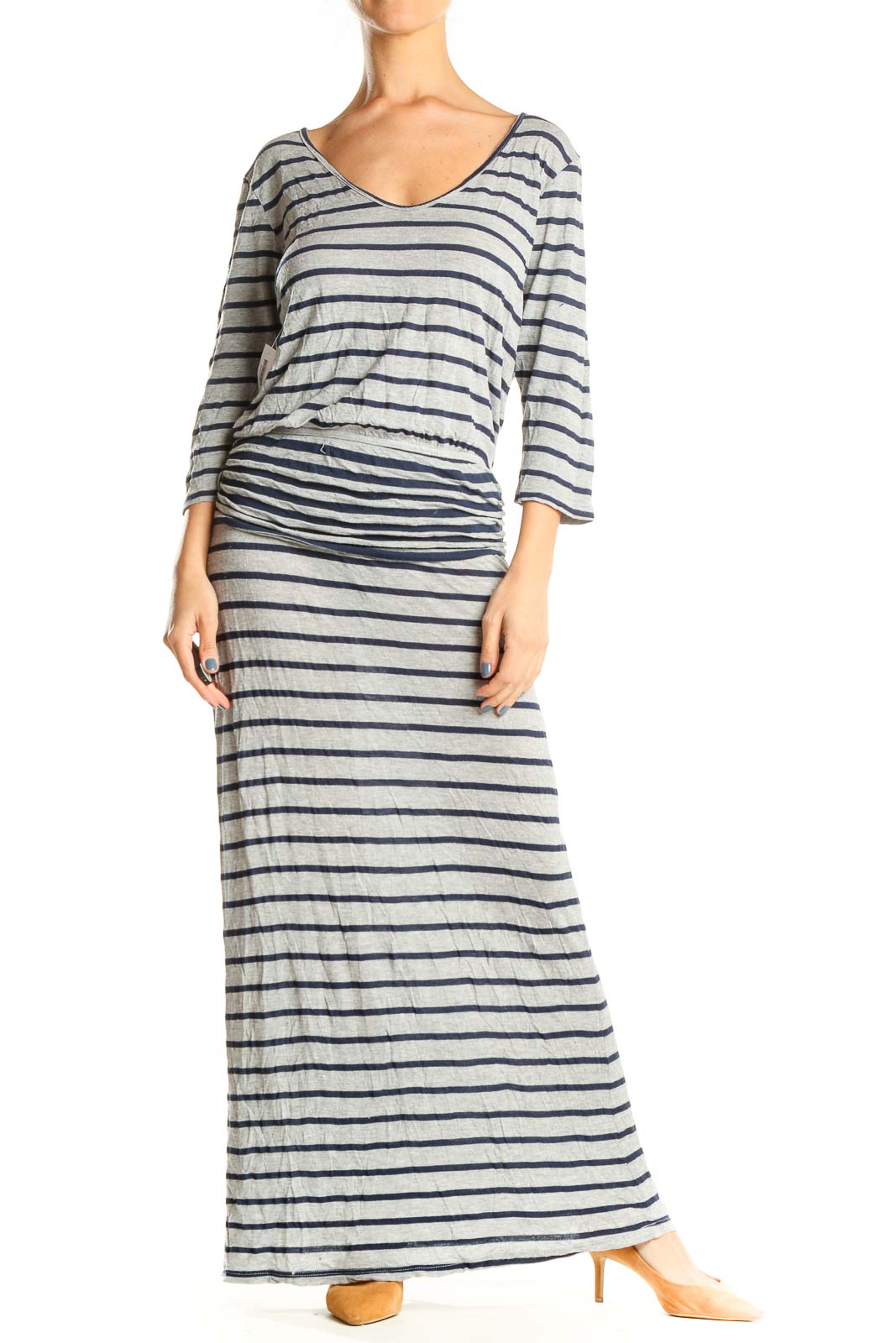 Gray Blue Striped Casual Column Dress Front