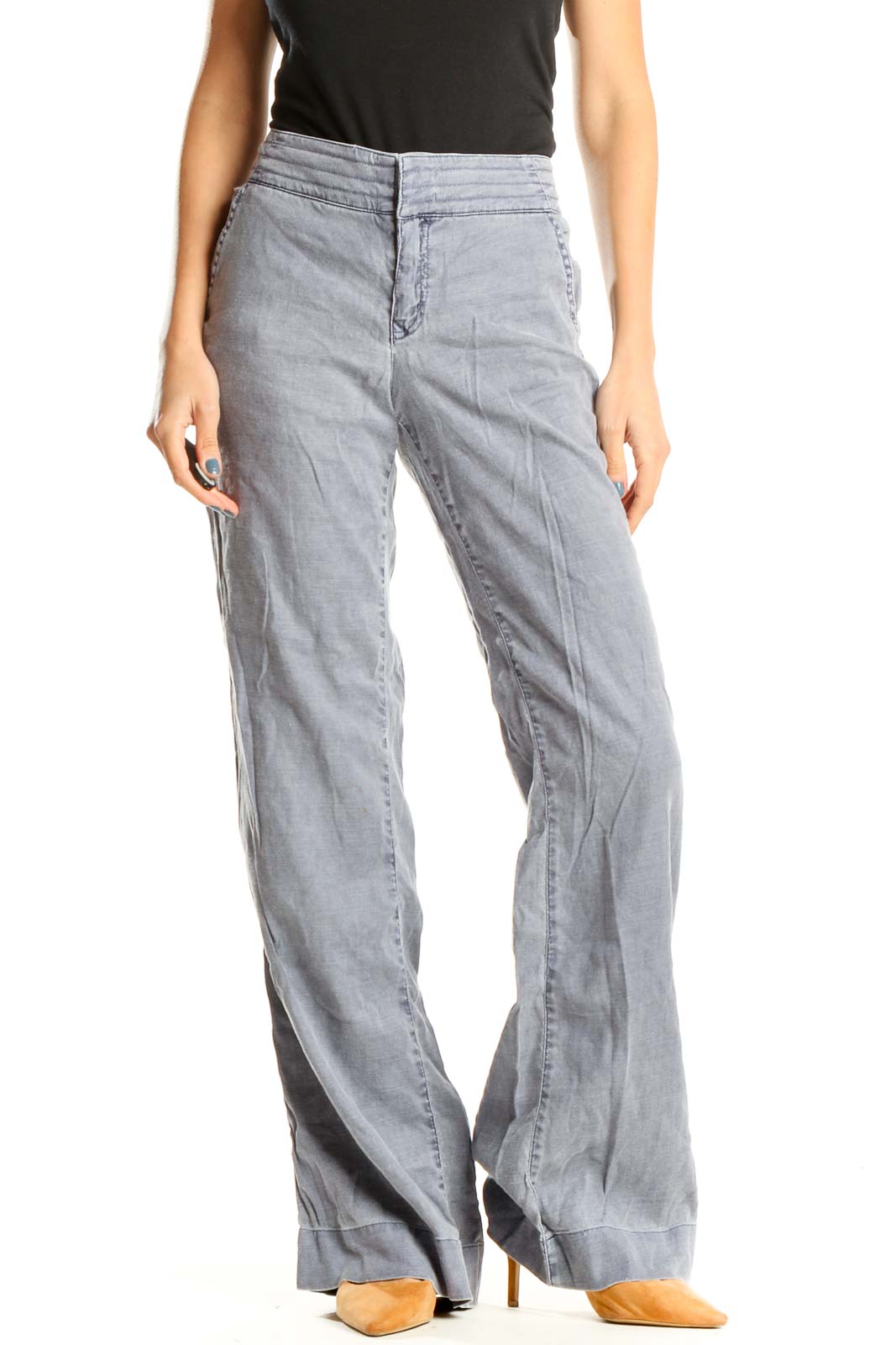 Gray Blue Textured All Day Wear Wide Leg Pants Front
