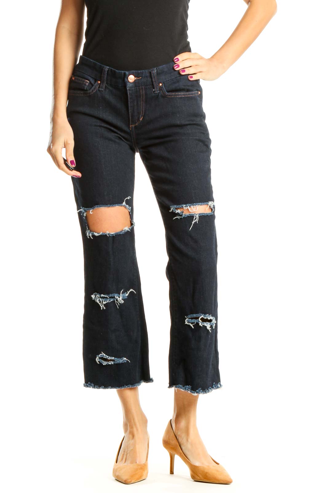 Reworked Dark Blue Distressed Cropped Flare Jeans Front