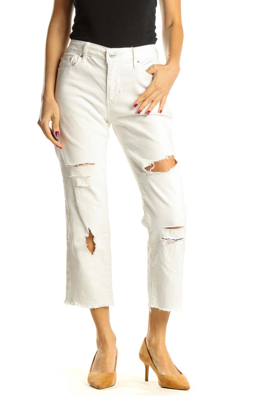 Reworked White High Waisted Cropped Distressed Flare Jeans Front