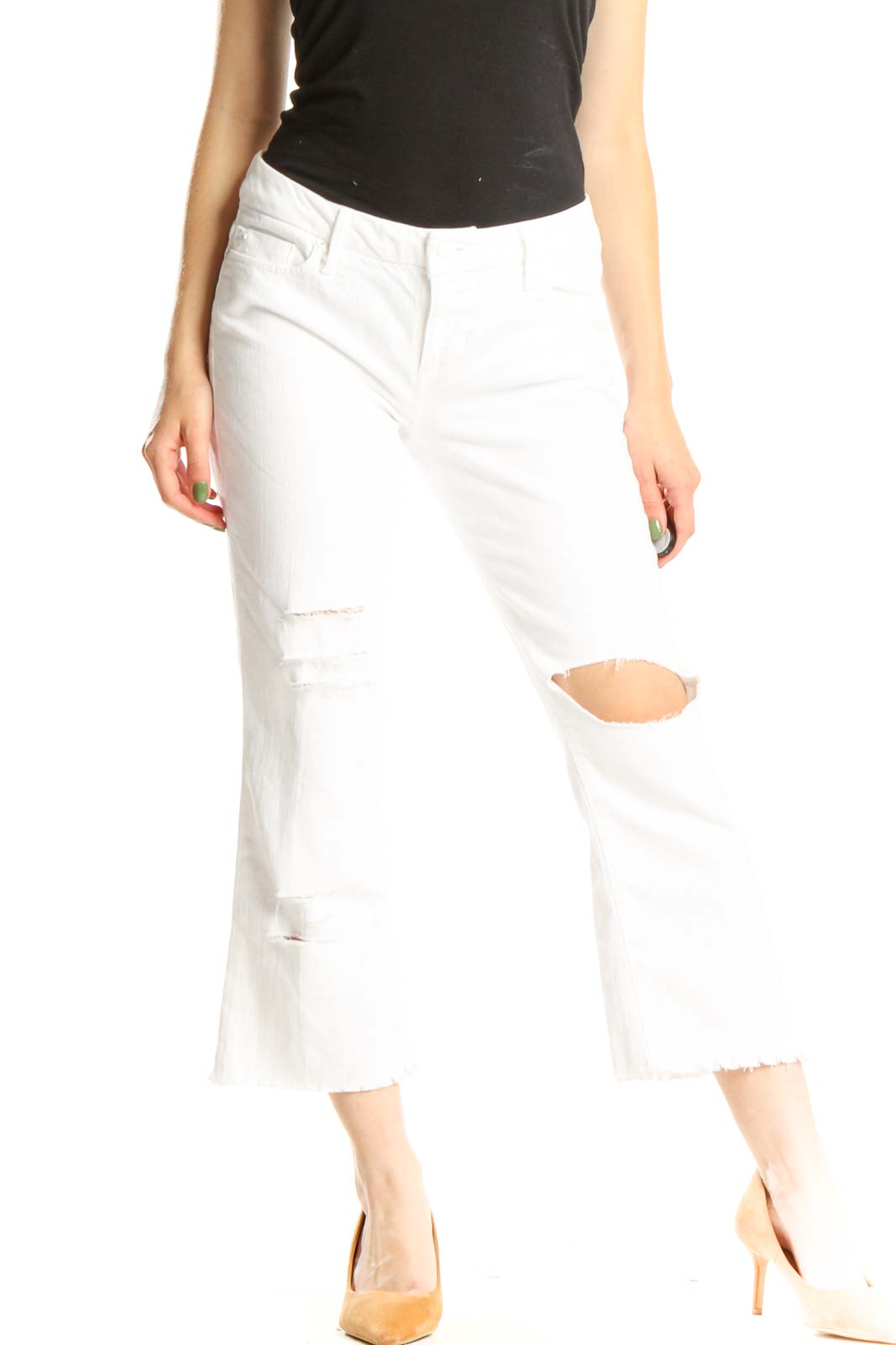 White Distressed Reworked Cropped Jeans Front