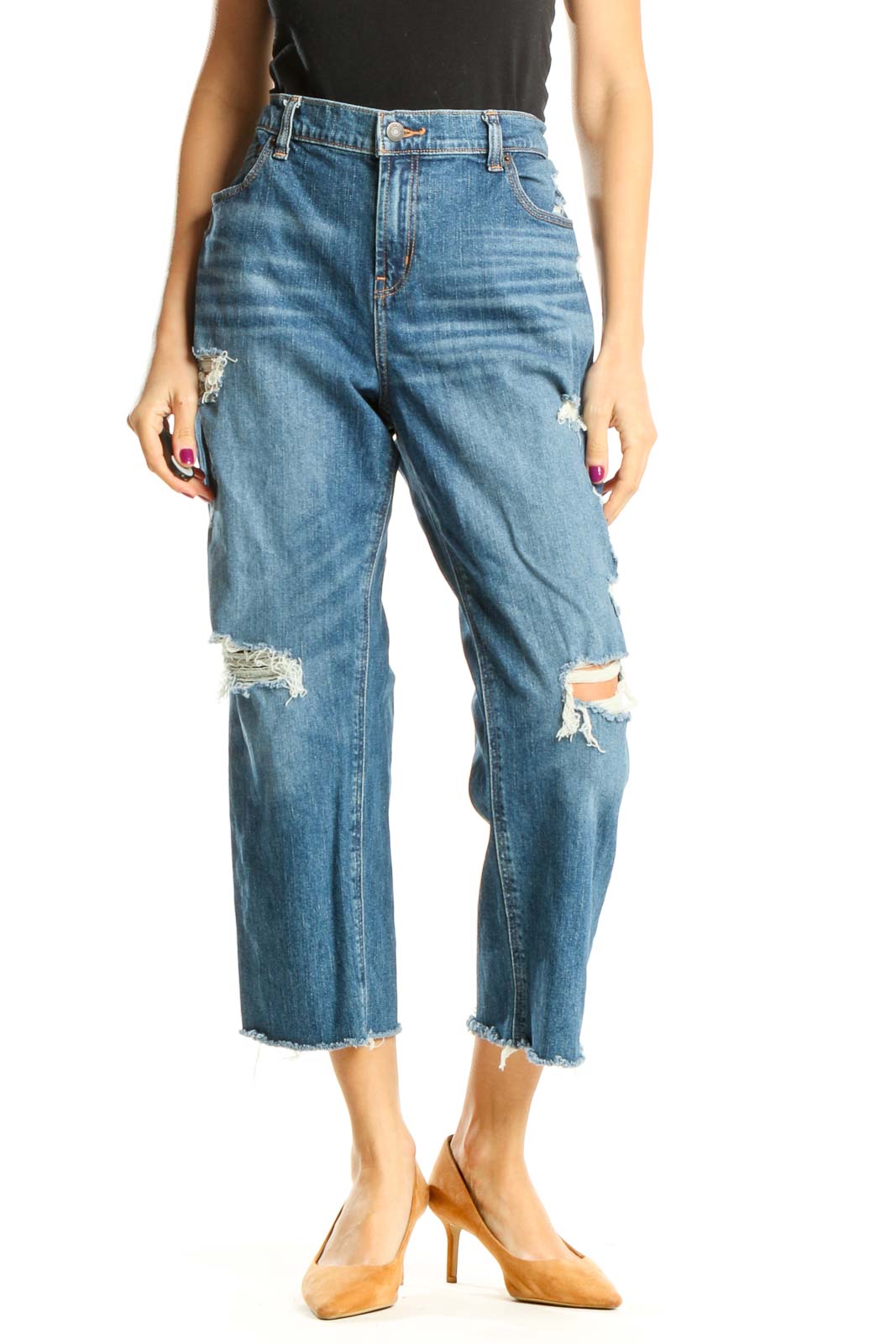 Reworked Distressed Cropped Straight Leg Jeans Front