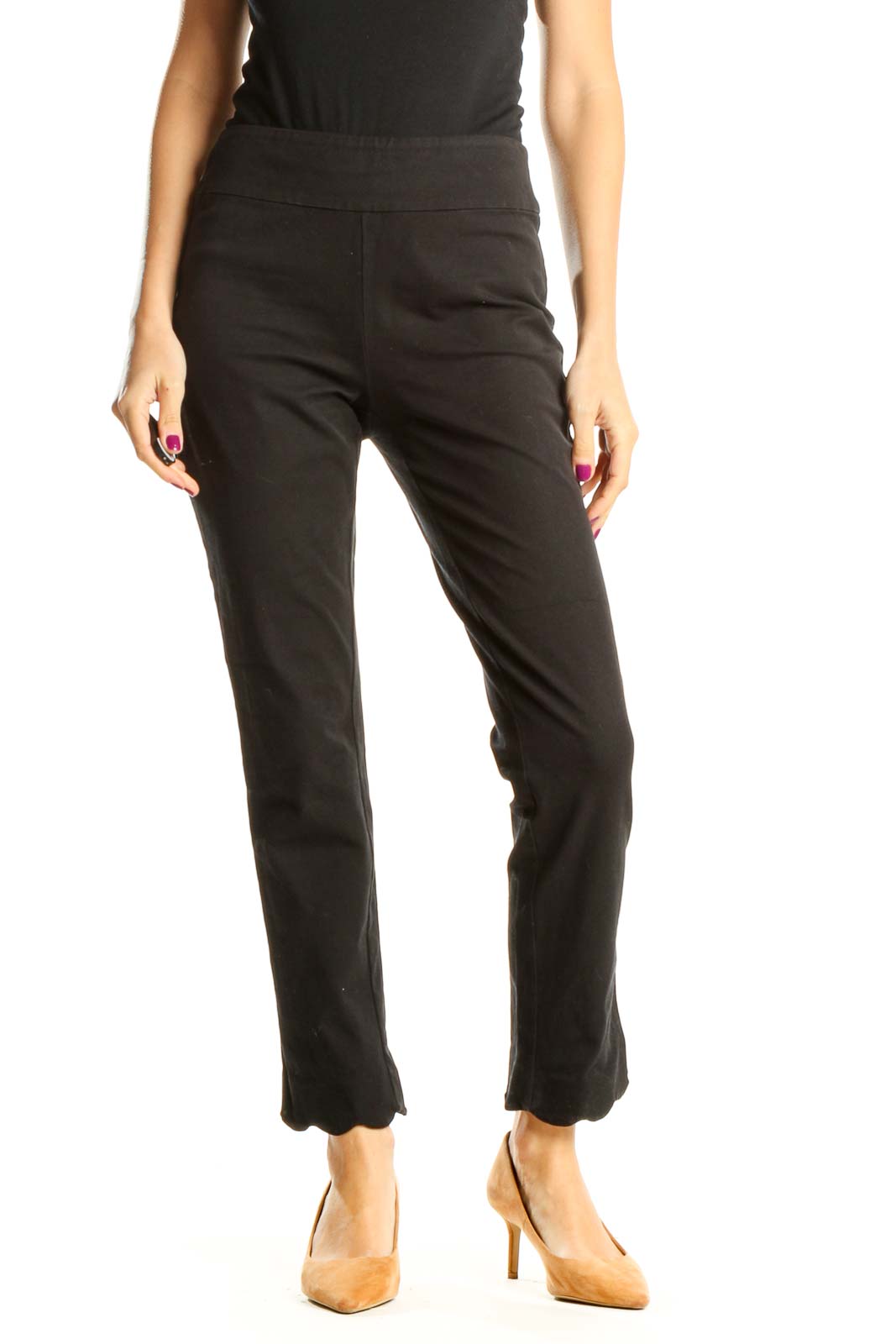 Black Textured All Day Wear Trousers with Scallop Trim Front