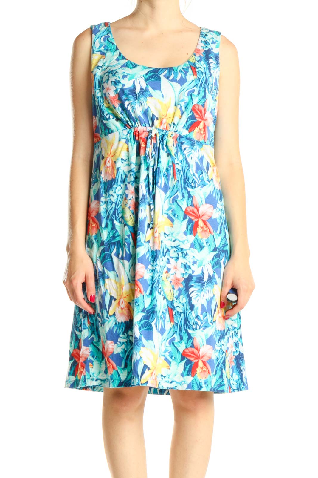 Blue Tropical Print Day Fit & Flare Dress Front