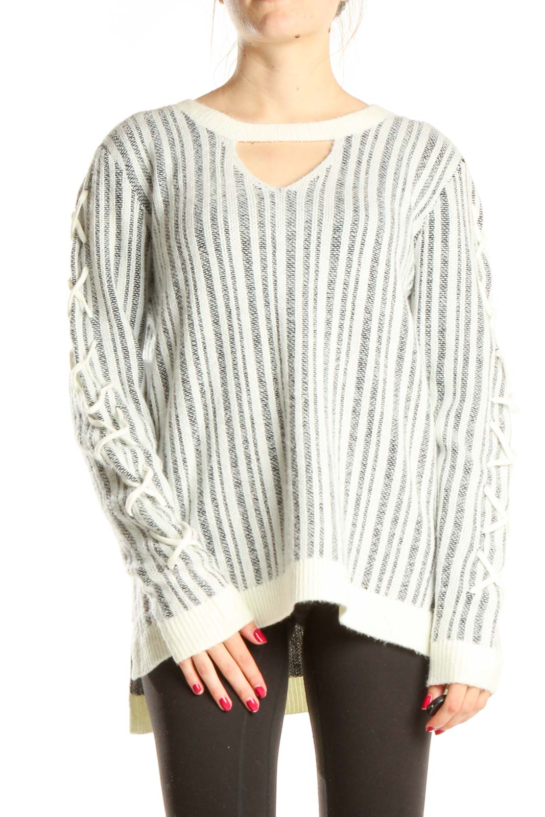 White Gray Striped Chic Sweater with Chest Cutout Detail Front