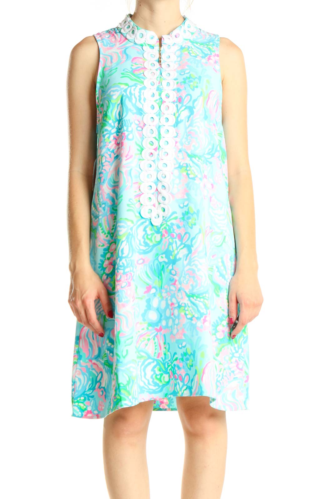 Blue Tropical Print Holiday Shift Dress Front