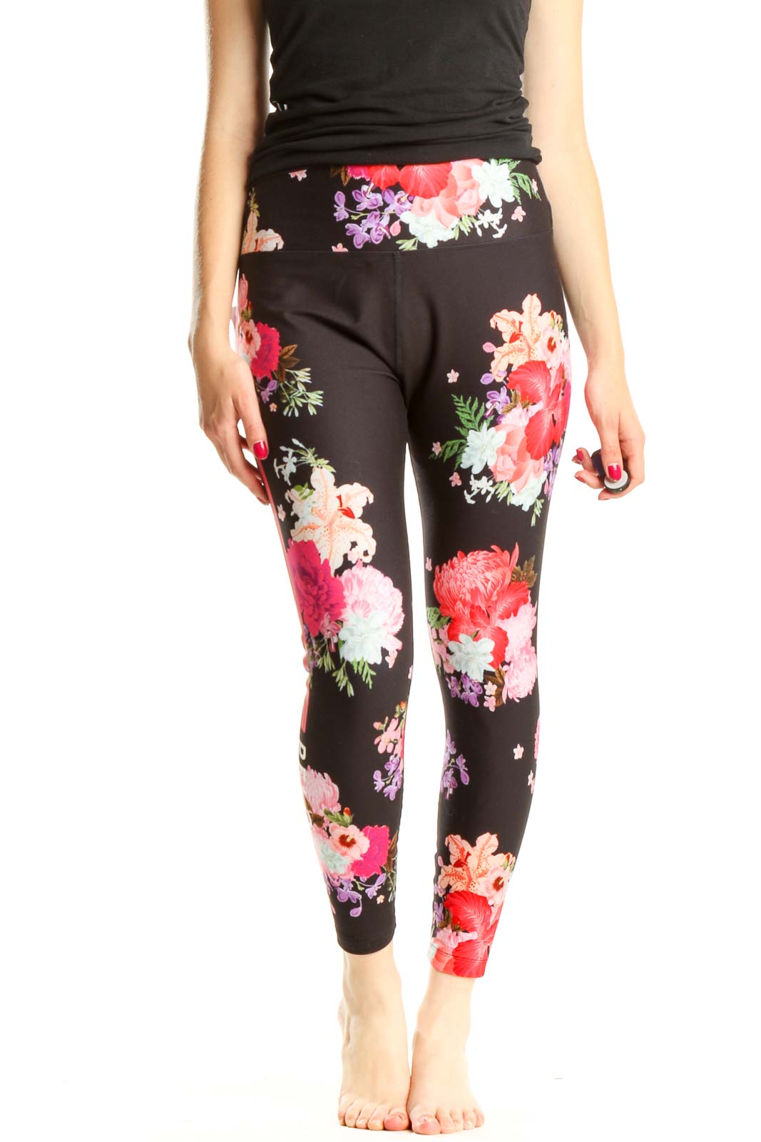 Black Floral Print Activewear Leggings Front