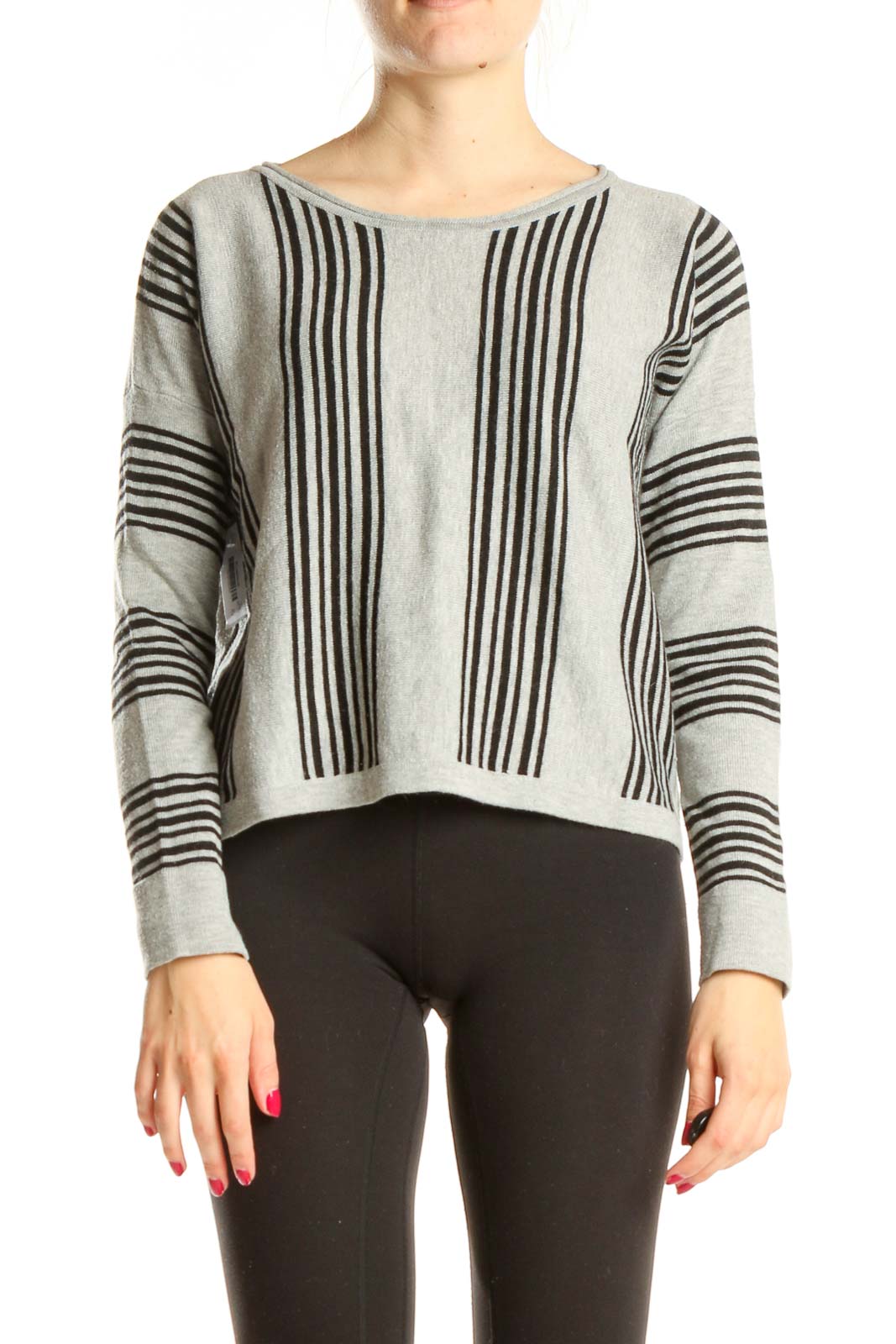 Gray Black Striped Casual Sweater Front